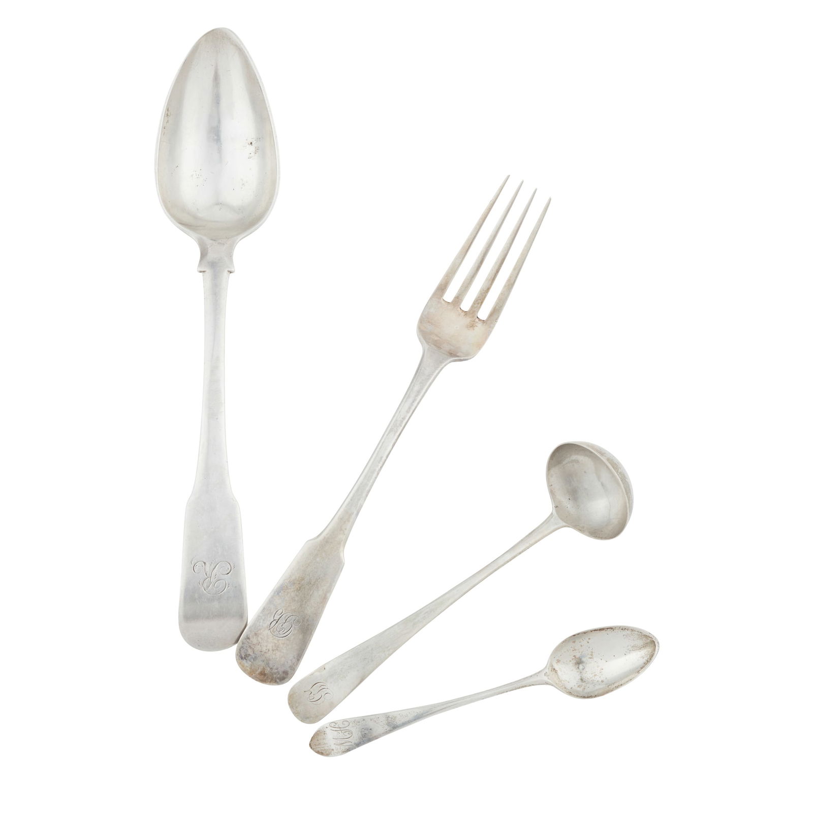 GREENOCK – A SCOTTISH PROVINCIAL TODDY LADLE: GREENOCK – A SCOTTISH PROVINCIAL TODDY LADLE marked RN, G, urn, thistle, ship, of Old English pattern with script initials GJ to terminal; together with a tablespoon marked CM, anchor, W, oak tr