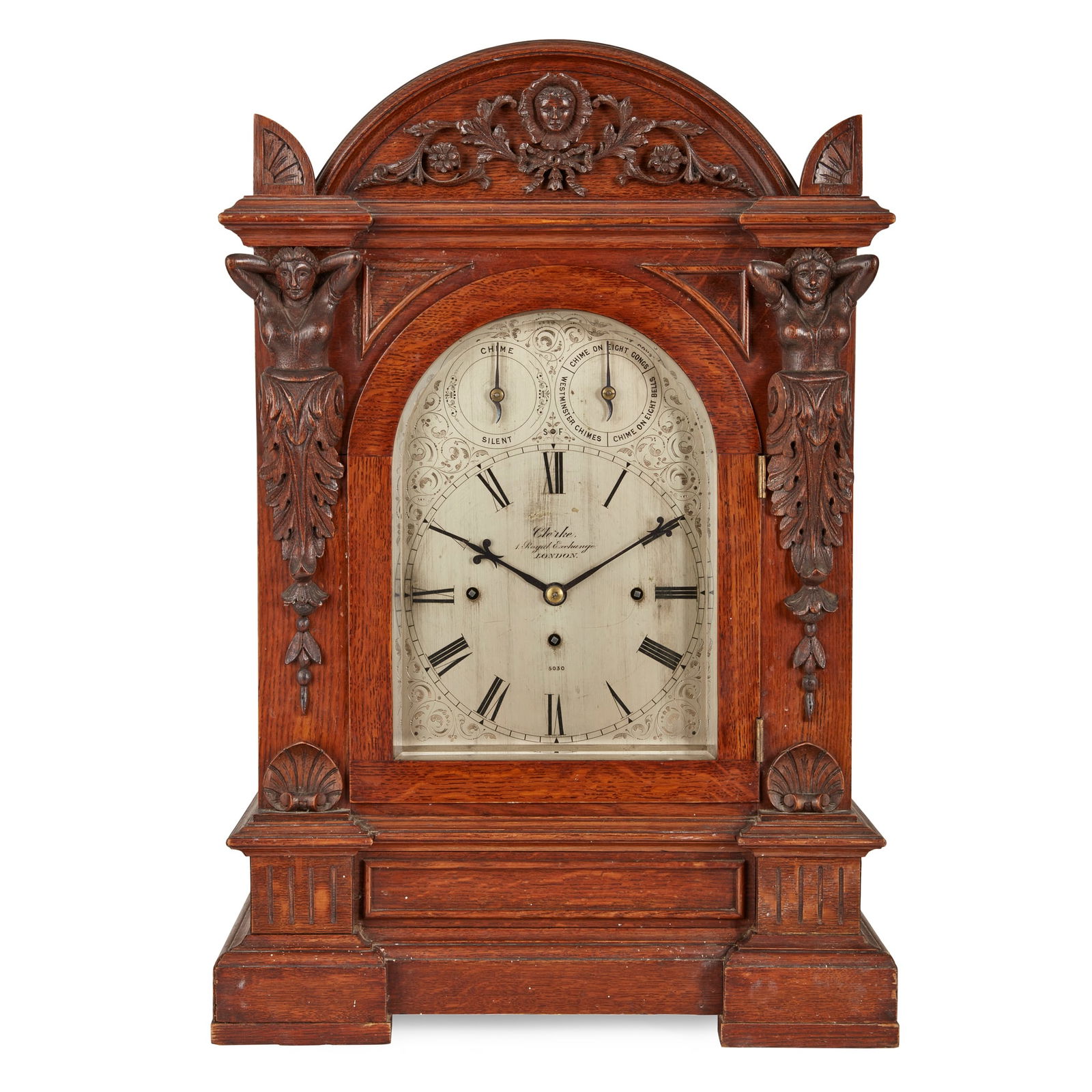 VICTORIAN CARVED OAK QUARTER CHIMING TABLE CLOCK, BY CLERKE, LONDON (1 of 3)