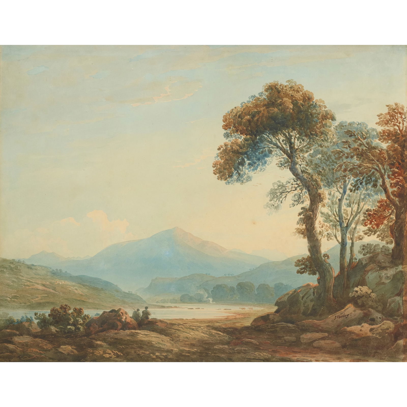 JOHN VARLEY (BRITISH 1778-1842): JOHN VARLEY (BRITISH 1778-1842) FIGURES ON A RIVERBANK Signed, watercolour 38cm x 48cm (15in x 18.75in) 