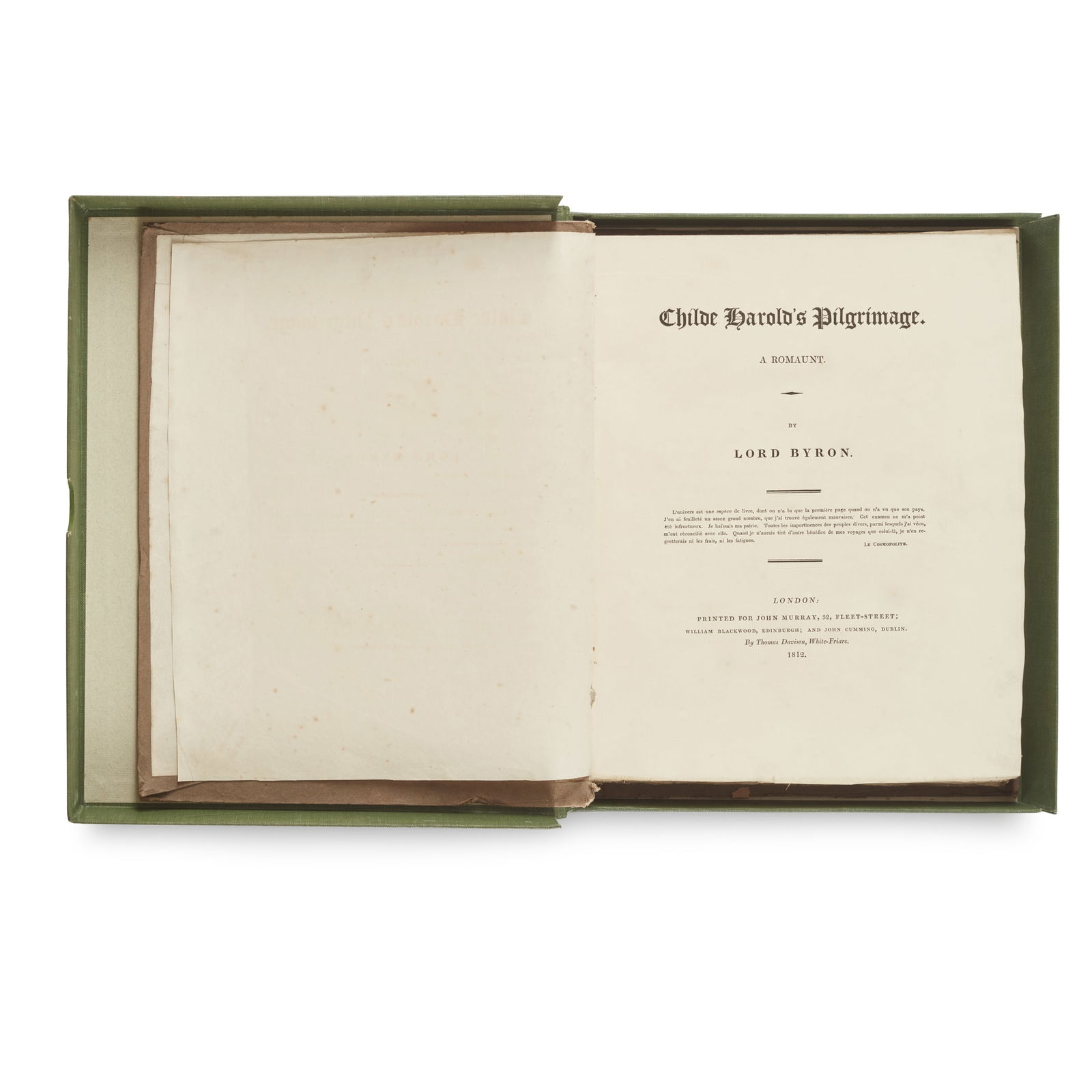 Byron, George Gordon Noel, Lord: Byron, George Gordon Noel, Lord Childe Harold's Pilgrimage London: John Murray, 1812. Cantos I-II and Poems bound together, 4to (30 x 23cm, first edition with four errata lines on contents verso and &