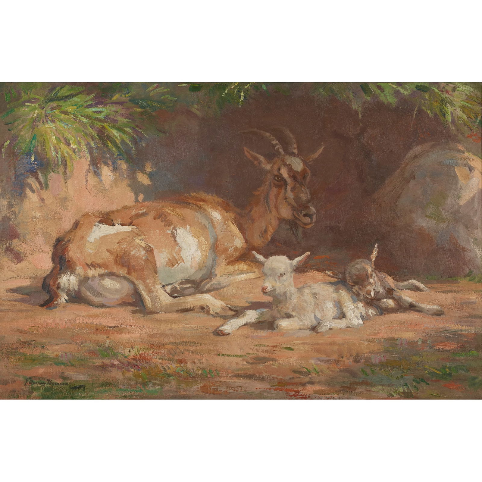 § JOHN MURRAY THOMSON R.S.A., R.S.W., S.S.A. (SCOTTISH 1885-1974): JOHN MURRAY THOMSON R.S.A., R.S.W., S.S.A. (SCOTTISH 1885-1974) GOAT AND KIDS Signed, oil on canvas 61cm x 91cm (24in x 36in) Purchased by Paisley Art Institute, 1936.