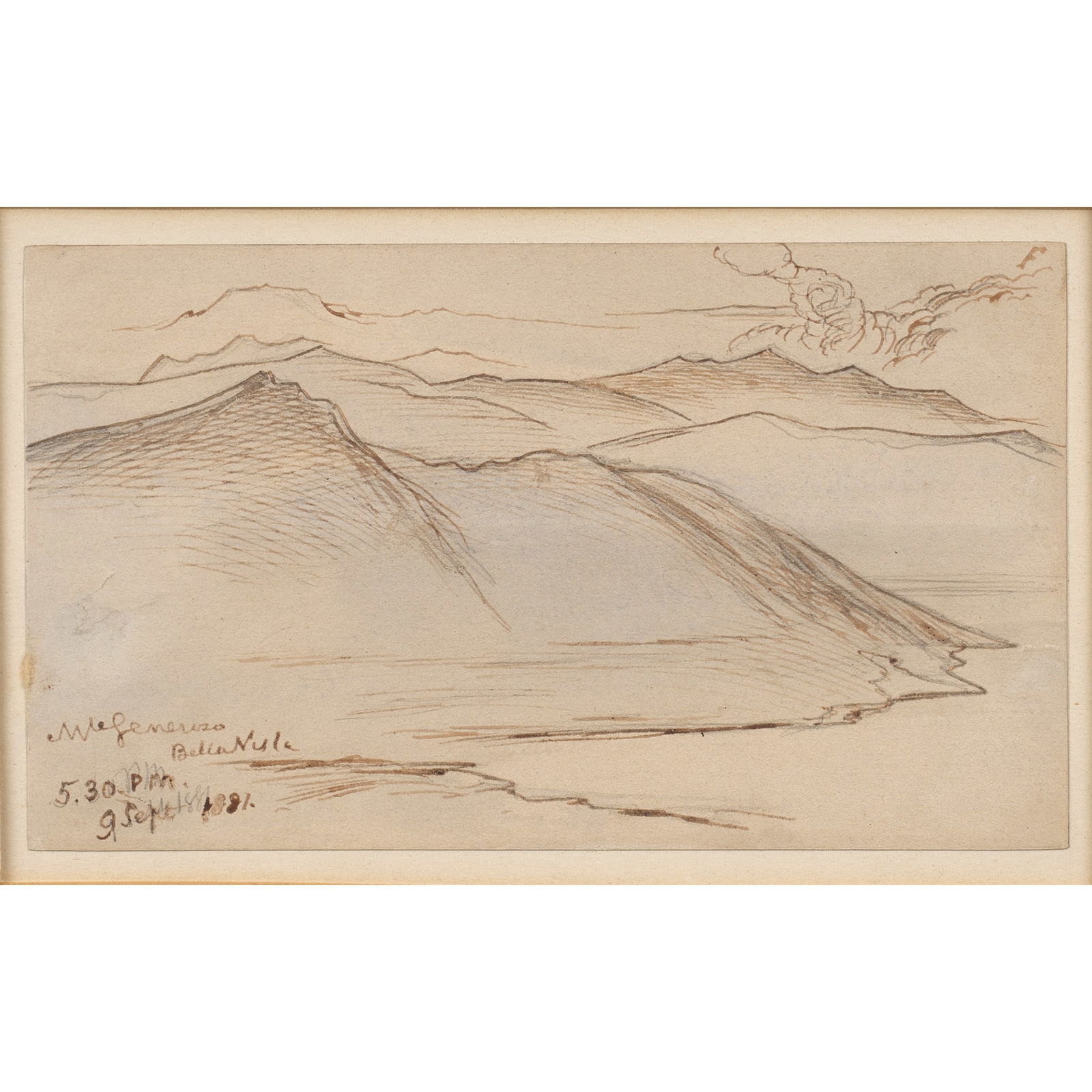 EDWARD LEAR (BRITISH 1812-1888): EDWARD LEAR (BRITISH 1812-1888) MOUNT GENEROSA, BELLA VISTA - 1881 Signed, inscribed with title and dated ‘5.30pm, 9 Sept 1881,’ pencil, pen and brown ink 9.5cm x 17cm (3.75in x 6.75in)