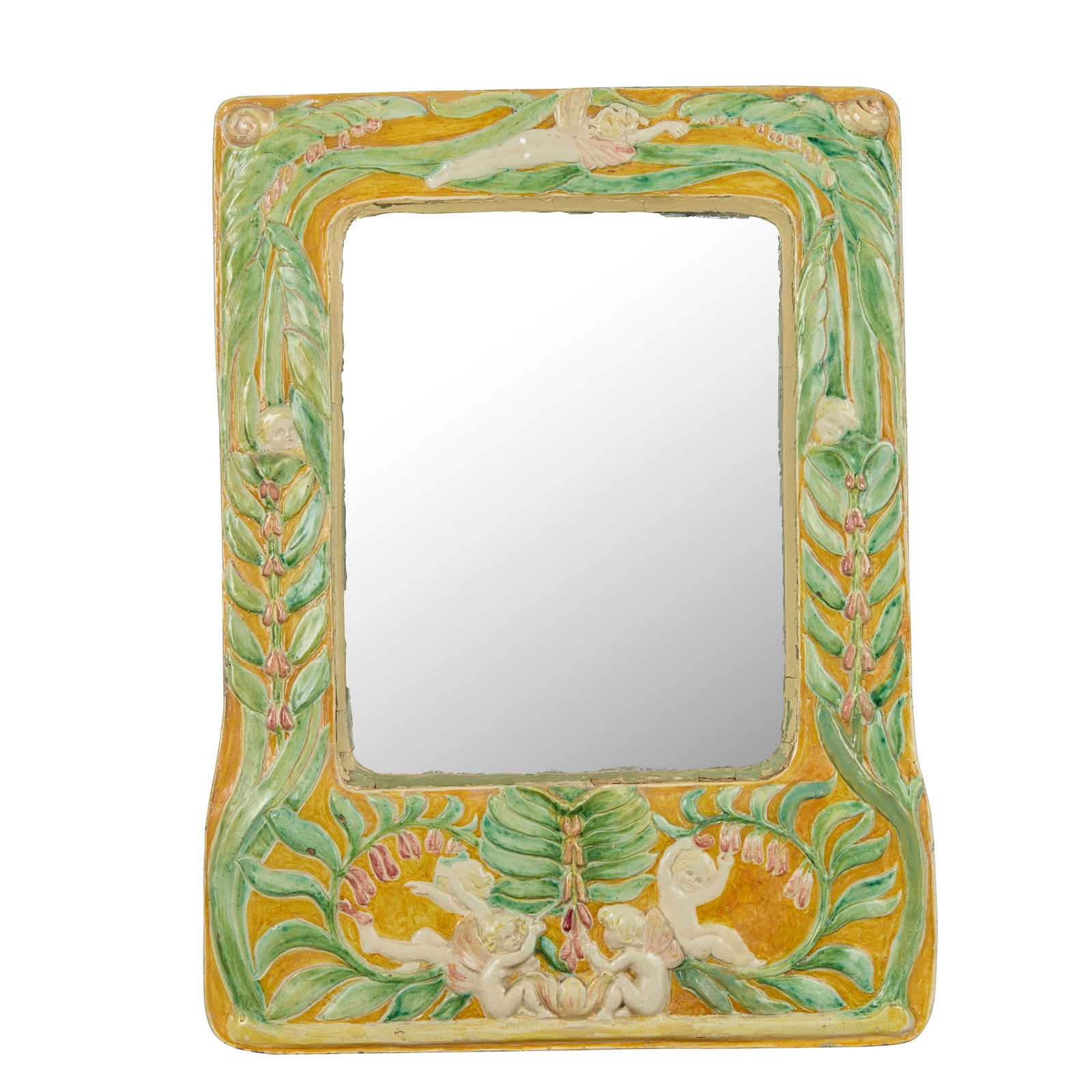 DELLA ROBBIA POTTERY, BIRKENHEAD: DELLA ROBBIA POTTERY, BIRKENHEAD WALL MIRROR, 1901 incised and glazed terracotta, mirror plate, painted artist's and factory marks, DR/ 19.01/ L.W. (Lizzie Wilkins), impressed maker's mark DR/ 1901, p