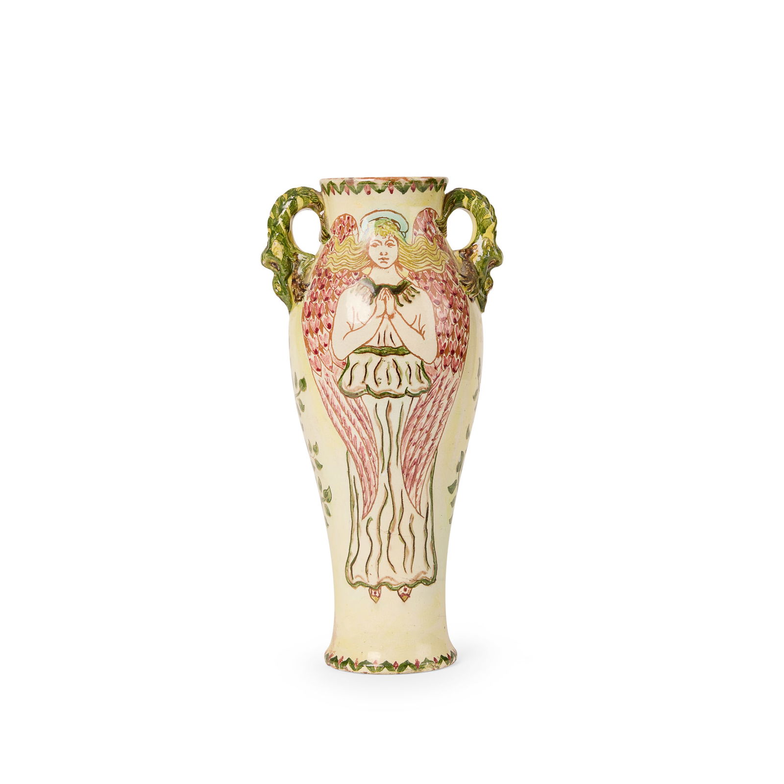 DELLA ROBBIA POTTERY, BIRKENHEAD: DELLA ROBBIA POTTERY, BIRKENHEAD TWIN-HANDLED VASE, CIRCA 1895 glazed terracotta, incised maker's marks DR and painted artist's mark W (possibly Willie Williams) 29.9cm high