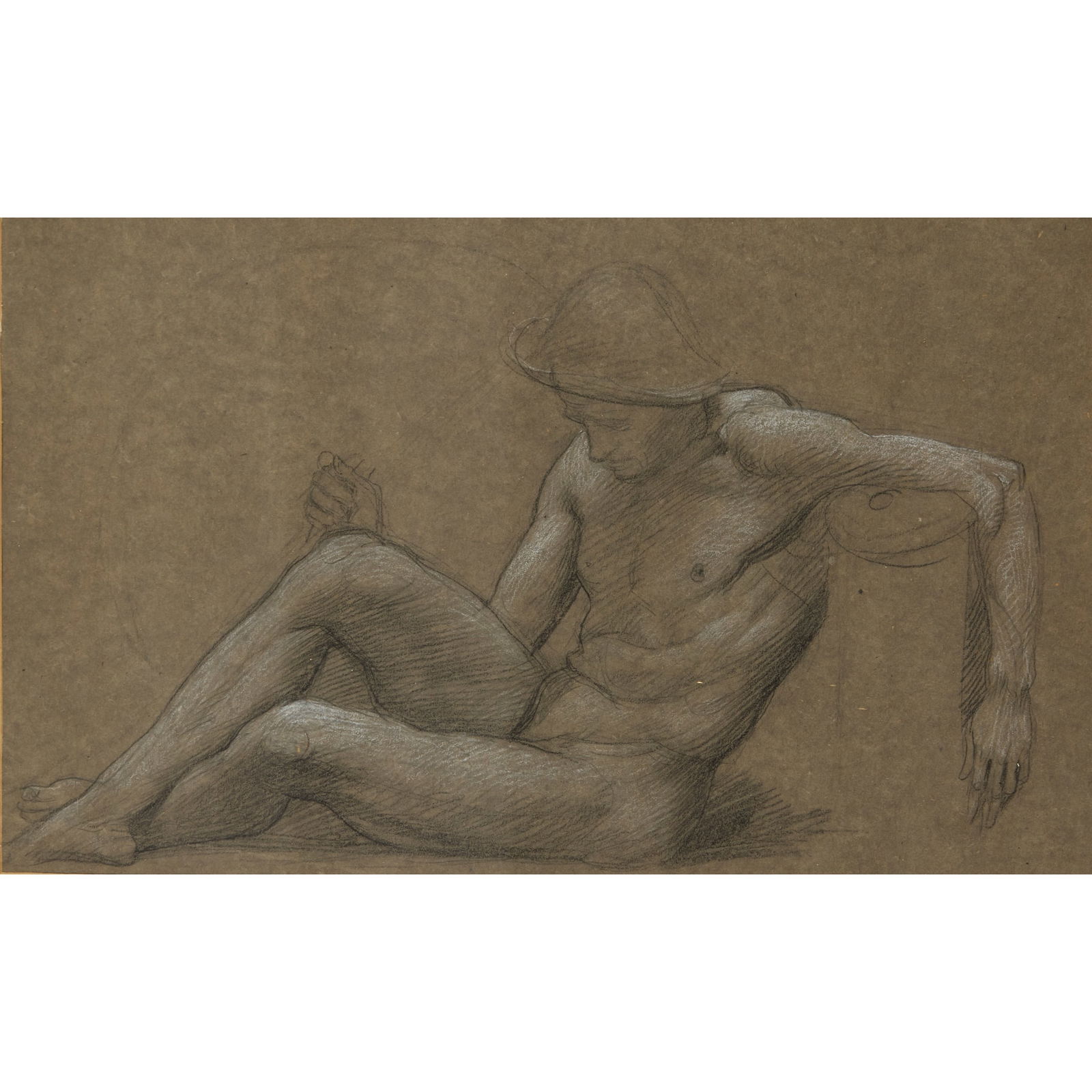 SIR WILLIAM BLAKE RICHMOND (1842–1921): SIR WILLIAM BLAKE RICHMOND (1842–1921) STUDY FOR 'THE RESURRECTION': SLEEPING ROMAN SOLDIER, LATE 1890's black and white chalk on brown paper, framed 26cm x 43cm (frame size 41cm x 59cm) Provena