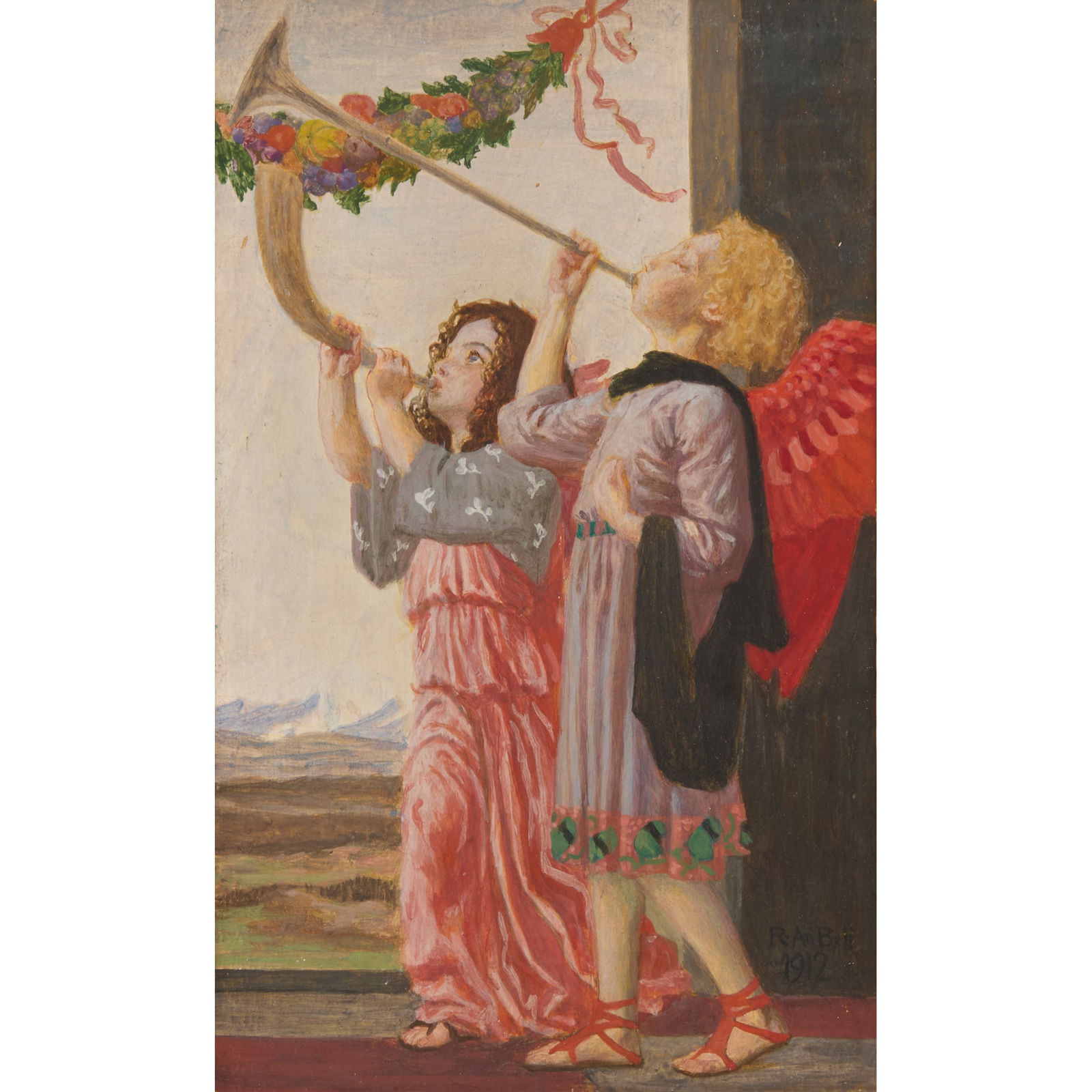 ROBERT ANNING BELL (1863-1933): ROBERT ANNING BELL (1863-1933) TWO ANGELS, BLOWING HORNS, 1912 oil on board, signed and dated lower right R. AN' BELL/ 1912, framed 22.5cm x 13.5cm (frame size 41cm x 32cm)