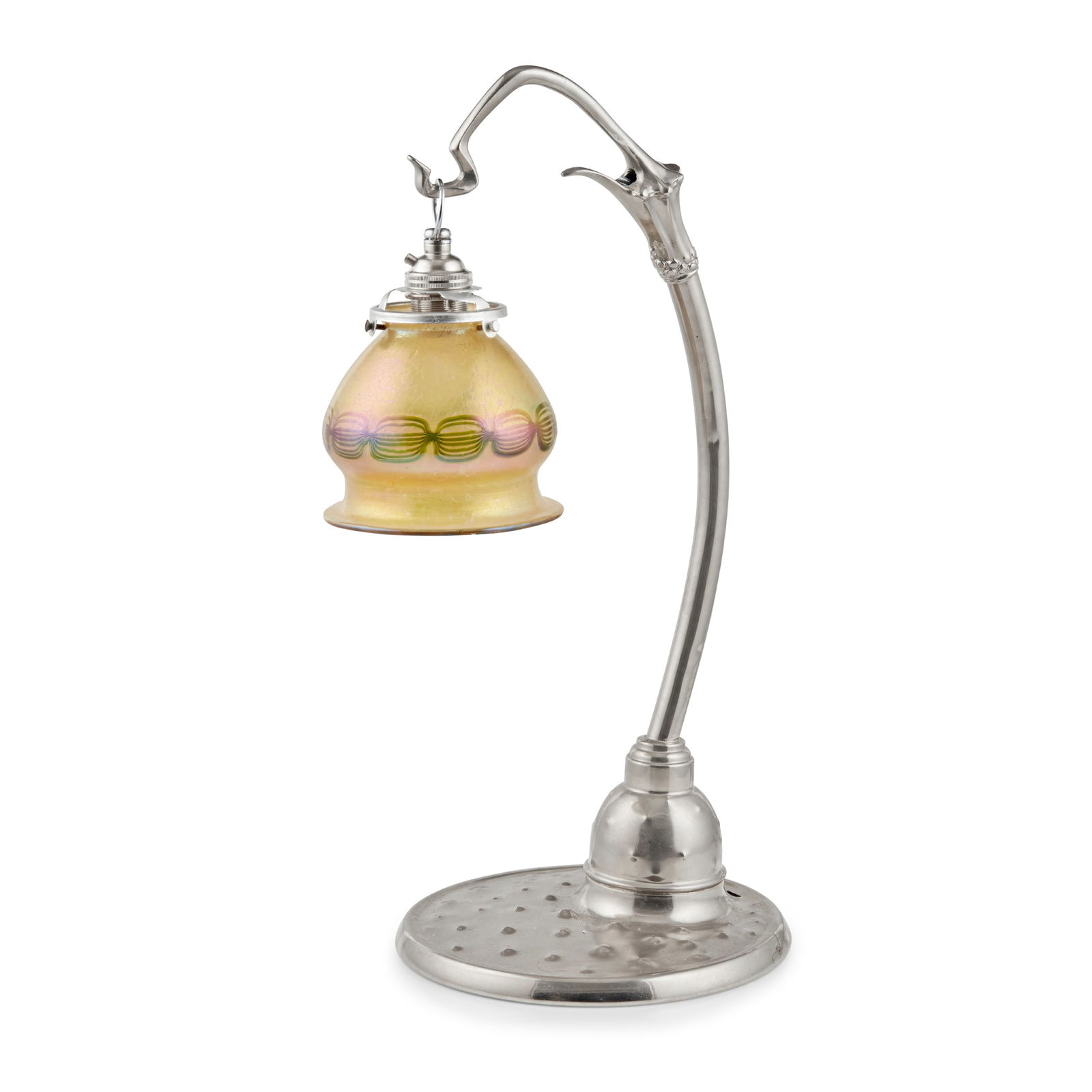 FRIEDRICH ADLER (1878-1942) FOR WALTER SCHERF & CO.: FRIEDRICH ADLER (1878-1942) FOR WALTER SCHERF & CO. 'ISIS' JUGENDSTIL TABLE LAMP, CIRCA 1910 polished pewter, with Loetz iridescent glass shade “ISIS”/ 4288 44cm high