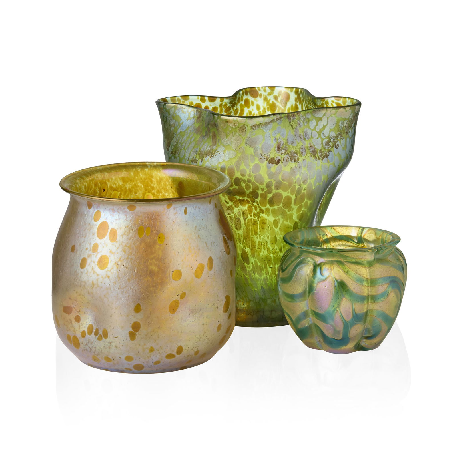 LOETZ: LOETZ TWO VASES, CIRCA 1900 iridescent glass, 16cm high and 12cm high; and a LOETZ STYLE VASE, iridescent glass, 7.5cm high (3)