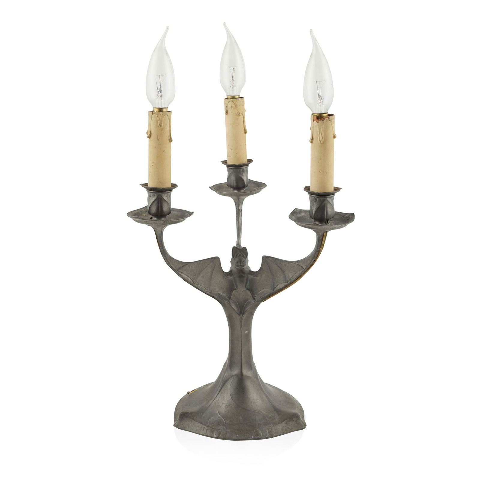 HUGO LEVEN (1874-1956) FOR J. P. KAYSER SOHN: HUGO LEVEN (1874-1956) FOR J. P. KAYSER SOHN KAYSERZINN THREE-BRANCH 'BAT' CANDELABRUM, CIRCA 1900 pewter, converted to electricity, model number 4506, cast mark KAYSERZINN 4506 30.5cm high