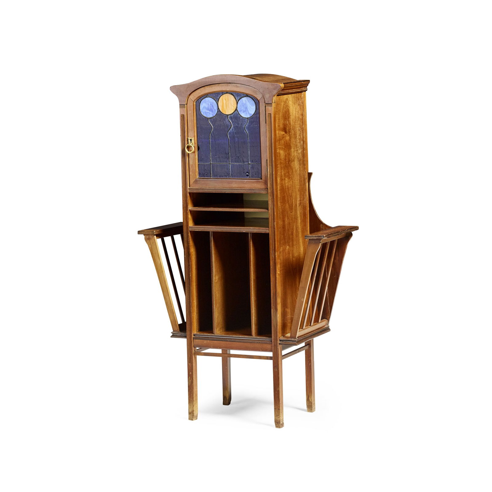 ATTRIBUTED TO HANS VOLLMER (1878-1969): ATTRIBUTED TO HANS VOLLMER (1878-1969) SECESSIONIST MUSIC CABINET, CIRCA 1900 walnut, stained and leaded glass, brass fitting 76cm wide, 125cm high, 27.5cm deep