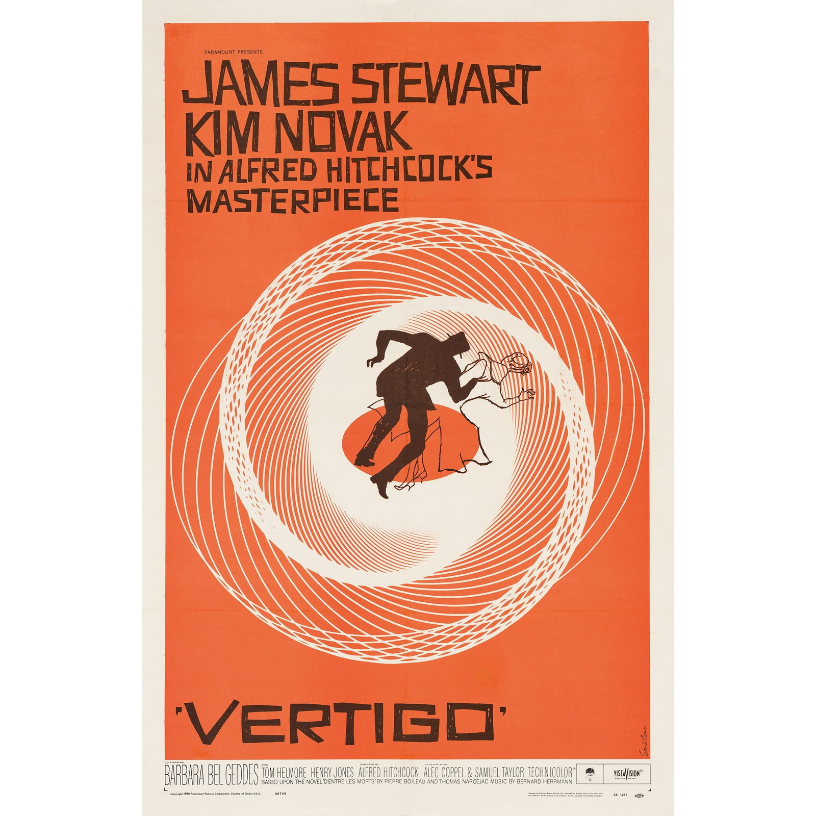 SAUL BASS (1920-1996): SAUL BASS (1920-1996) VERTIGO offset lithographic poster, 1958, U.S. One-sheet, Paramount, condition A-; backed on linen, framed 41 x 27in. (104 x 69cm.)