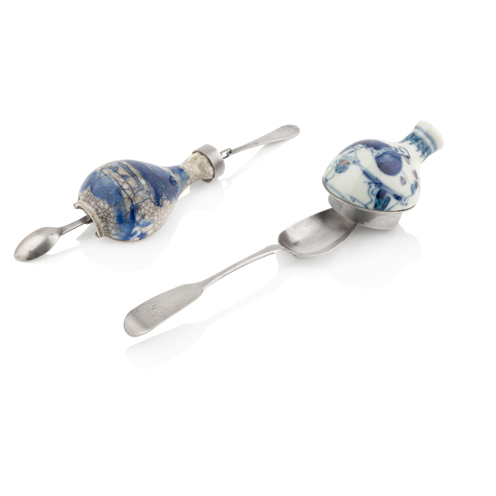 CHIEN-WEI CHANG (TAIWANESE 1971-): CHIEN-WEI CHANG (TAIWANESE 1971-) SURPRISINGLY MATCHED NO.B4 AND SURPRISINGLY MATCHED NO.D5 each with maker's character stamp, Chinese porcelain snuff bottle, antique silver spoon (Exeter, 1837 and Sh