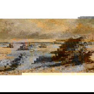 § ROBERT MEDLEY C.B.E.. R.A. (BRITISH 1905-1994): ROBERT MEDLEY C.B.E.. R.A. (BRITISH 1905-1994) DESERT ENCAMPMENT, c.1942-45 signed in pencil (lower right), oil on canvas 45.5cm x 76.1cm (18in x 30in) Gifted to Lynette Cole by her mother, 1979;The E