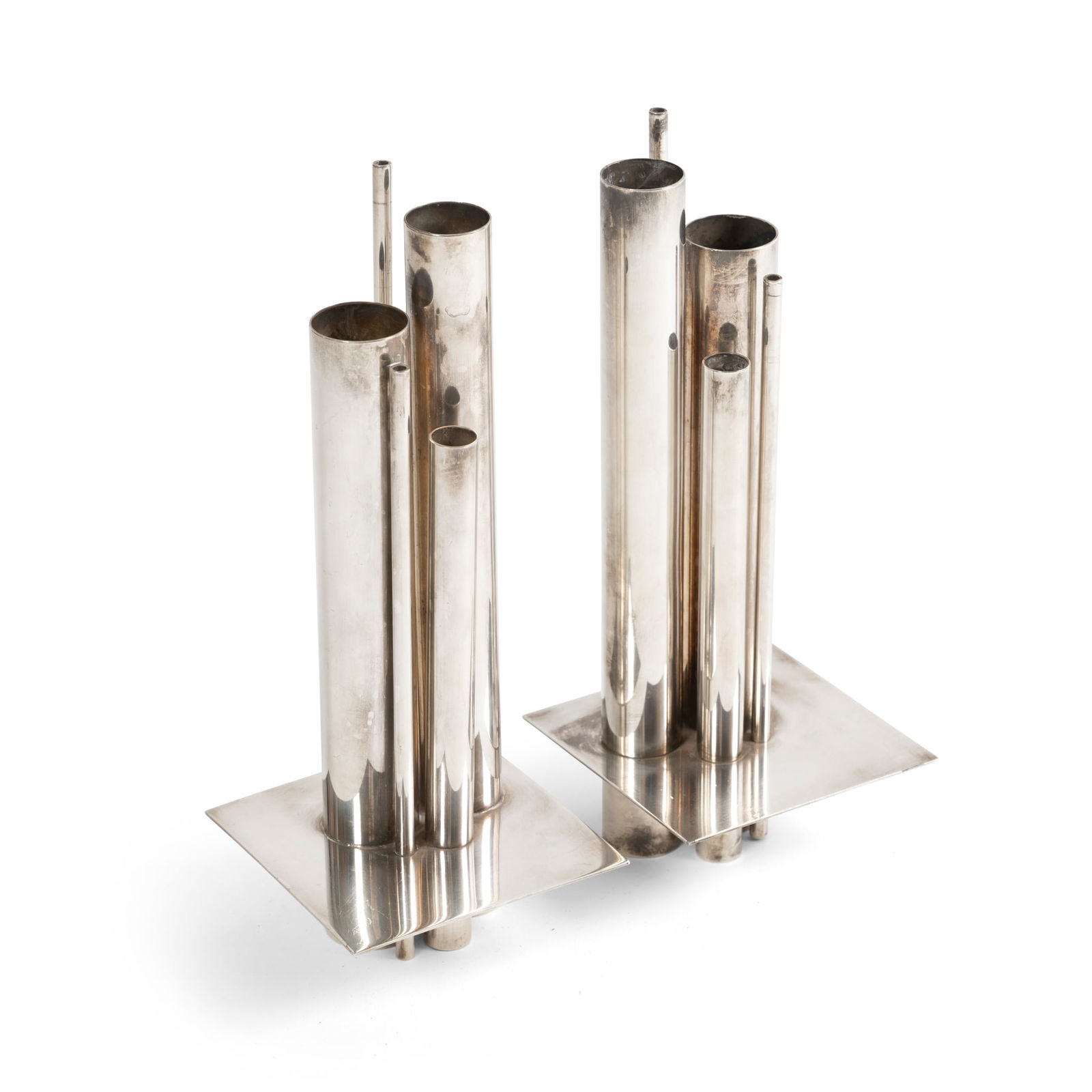 § GIO PONTI (ITALIAN 1891-1979) FOR CHRISTOFLE: GIO PONTI (ITALIAN 1891-1979) FOR CHRISTOFLE PAIR OF VASES, DESIGNED c.1956 one stamped with manufacturer's mark CHRISTOFLE FRANCE / COLL. GALLIA, with knight chess figure, silver-plate 32.5cm high (1