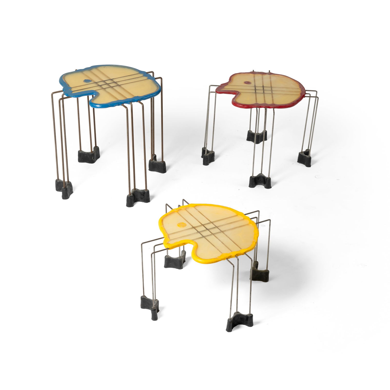 § GAETANO PESCE (ITALIAN 1939-2024) FOR FISH DESIGN: GAETANO PESCE (ITALIAN 1939-2024) FOR FISH DESIGN TRIPLE PLAY TABLES, 1999 each stamped with manufacturer's mark and numbered 65, resin with steel frame blue chair: 38.5cm high, 40cm diameter (15 1/8i