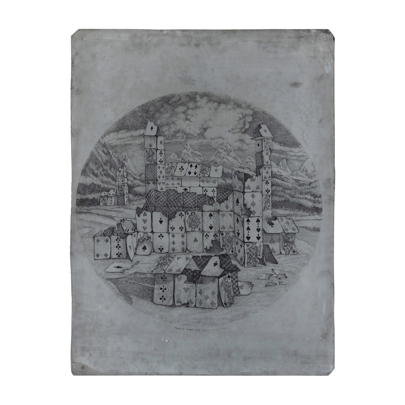 § PIERO FORNASETTI (ITALIAN 1913-1988): PIERO FORNASETTI (ITALIAN 1913-1988) HOUSE OF CARDS inscribed TAVOLO DIAM. CM. 60 and stamped COPYRIGHT FORNASETTI (to centre bottom edge under image), lithographic zinc plate in perspex frame the zin