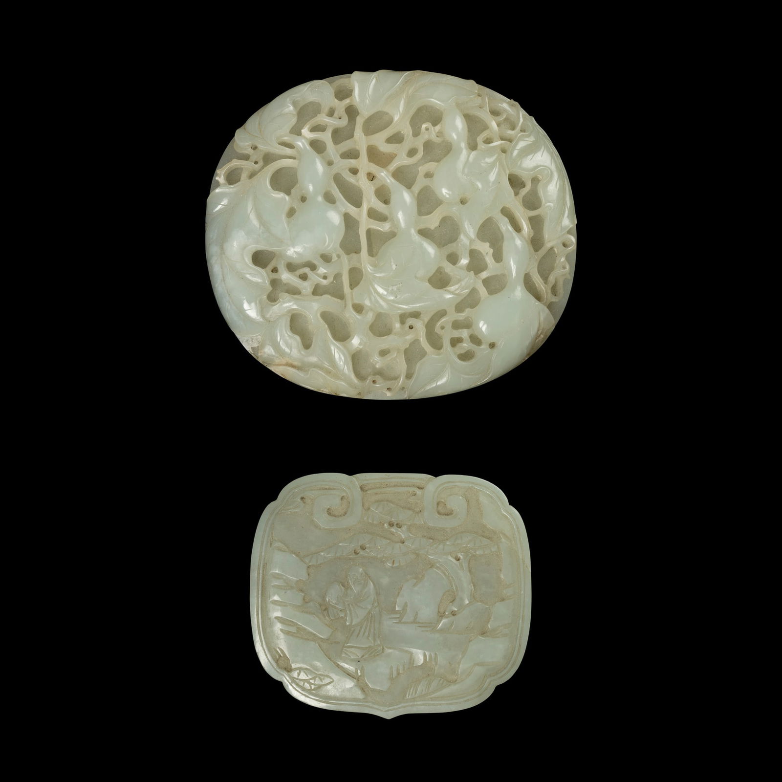 TWO CHINESE PALE CELADON JADE PLAQUES (1 of 2)