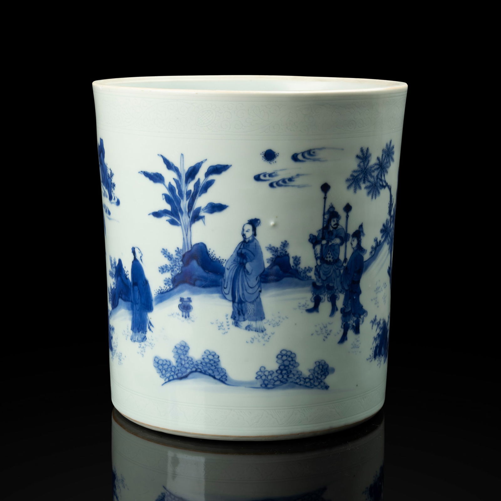 LARGE CHINESE BLUE AND WHITE 'KING WEN WANG' BRUSH POT: LARGE CHINESE BLUE AND WHITE 'KING WEN WANG' BRUSH POT MING DYNASTY, CHONGZHENG PERIOD 明崇禎 青花文王仿賢大筆筒the cylindrical