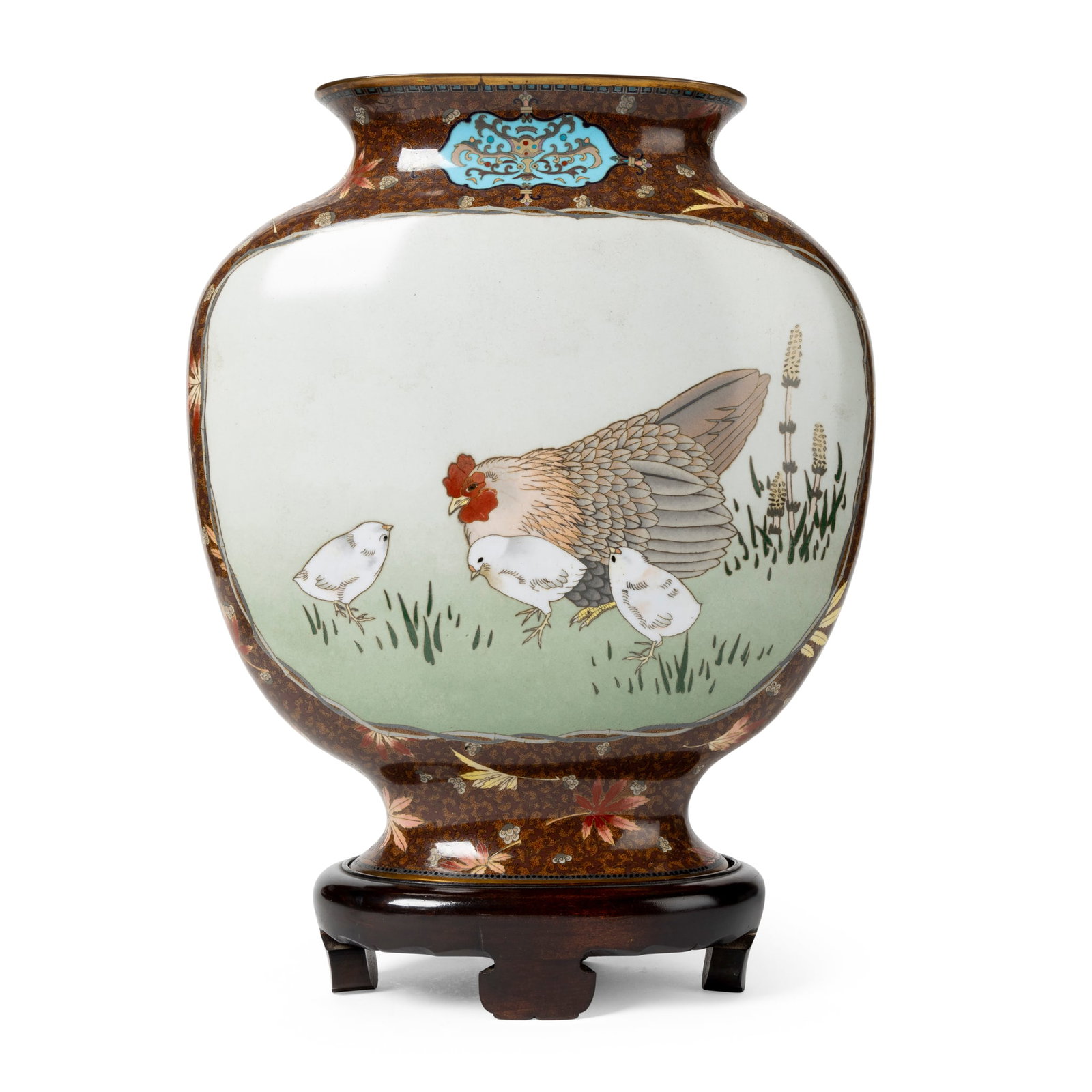 [PRIVATE SCOTTISH COLLECTION, RENFREWSHIRE] JAPANESE CLOISONNÉ ENAMEL 'CHICKEN AND DUCK' VASE: JAPANESE CLOISONNÉ ENAMEL 'CHICKEN AND DUCK' VASE MEIJI PERIOD 明治 銅胎掐絲琺瑯鷄鴨紋扁瓶 帶木座of