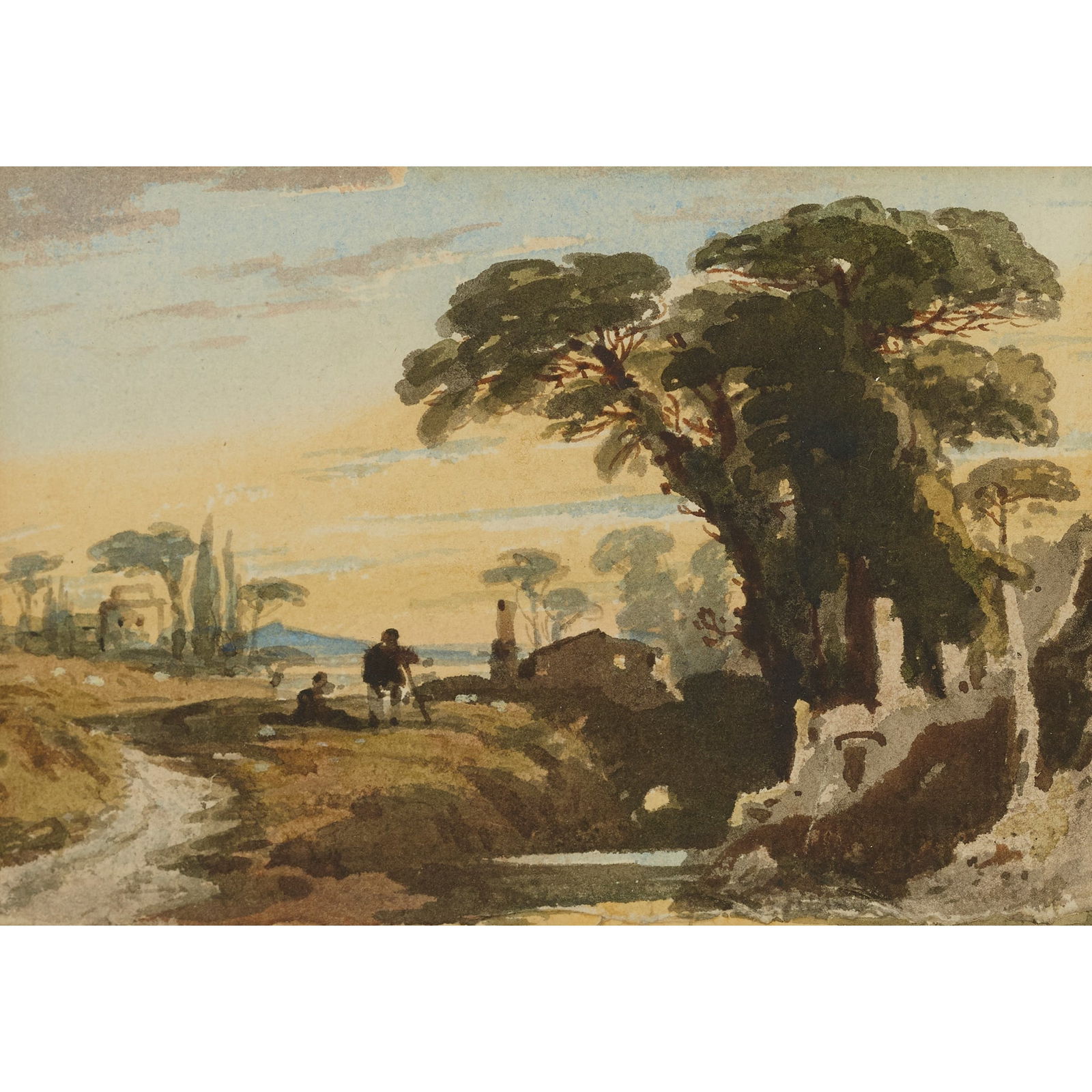 JOHN VARLEY R.W.S. (BRITISH 1778?1842): JOHN VARLEY R.W.S. (BRITISH 1778 - 1842) LANDSCAPE WITH FIGURES AND RUINS Watercolour, and a companion, a pair (2) 9.5cm x 14cm (3.75in x 5.5in)
