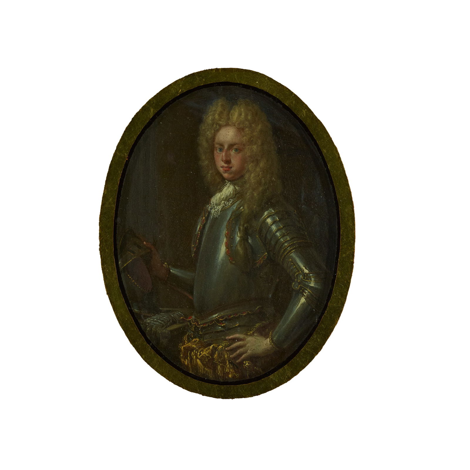 MANNER OF JOHN ALEXANDER: MANNER OF JOHN ALEXANDER HALF LENGTH PORTRAIT OF A YOUNG MAN IN ARMOUR Oil on copper, oval 9.5cm x 7cm (3.75in x 2.75in)