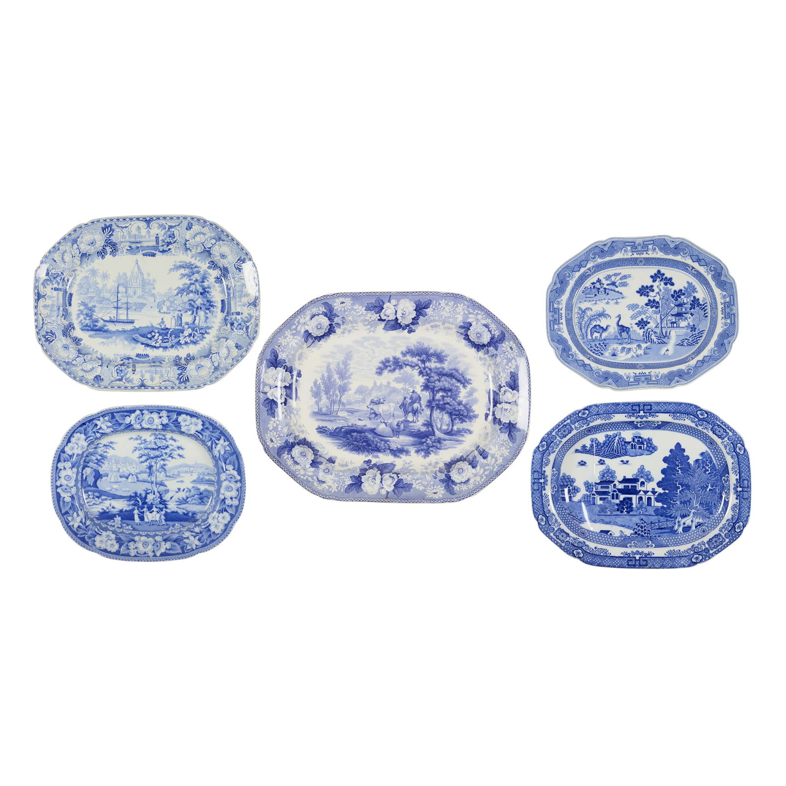 FIVE BLUE AND WHITE TRANSFER PRINTED MEAT PLATES (1 of 4)