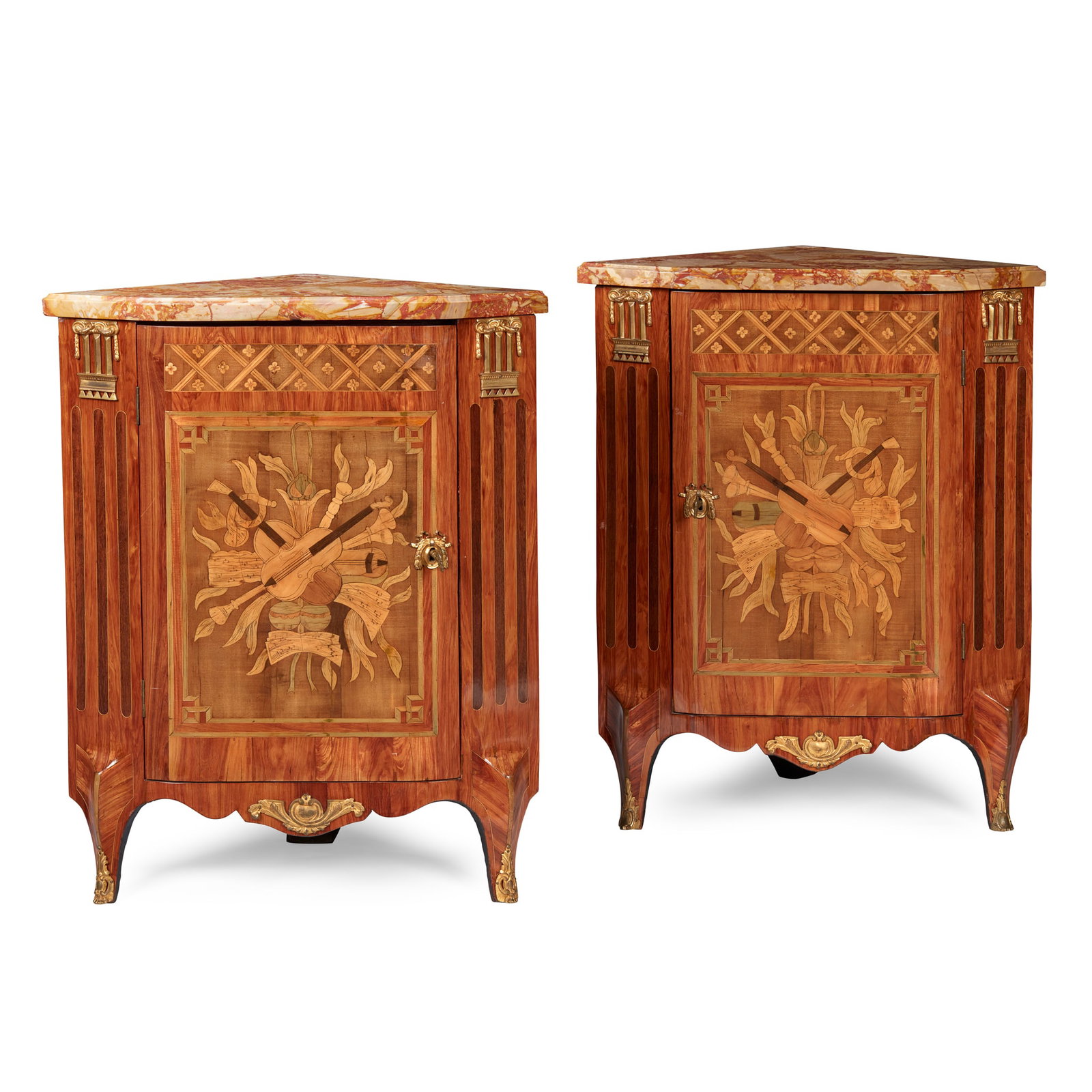 PAIR OF LOUIS XV KINGWOOD, TULIPWOOD, AND FRUITWOOD MARQUETRY ENCOIGNURES, BY PIERRE ROUSSEL (FRENCH: PAIR OF LOUIS XV KINGWOOD, TULIPWOOD, AND FRUITWOOD MARQUETRY ENCOIGNURES, BY PIERRE ROUSSEL (FRENCH 1723-1782) MID 18TH CENTURY the triangular br?che marble tops with a moulded fore-edge, above a dia