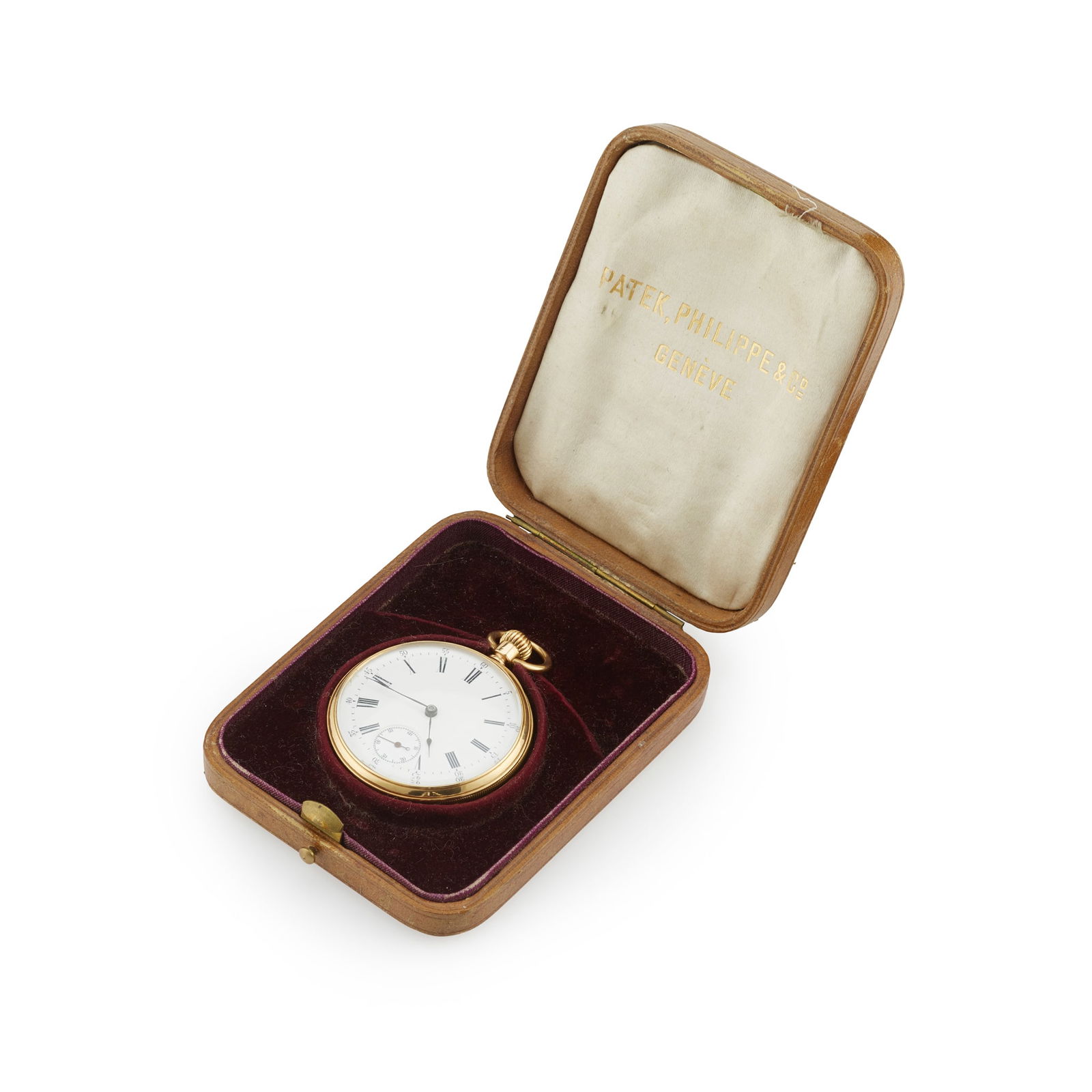 Patek Philippe & Co. A fine 18k yellow gold pocket watch in original presentation case: Patek Philippe & Co. A fine 18k yellow gold pocket watch in original presentation case No.64589, made in 1881, sold on August 25, 1883 18-ligne keyless wound movement with lever escapement, cut and co
