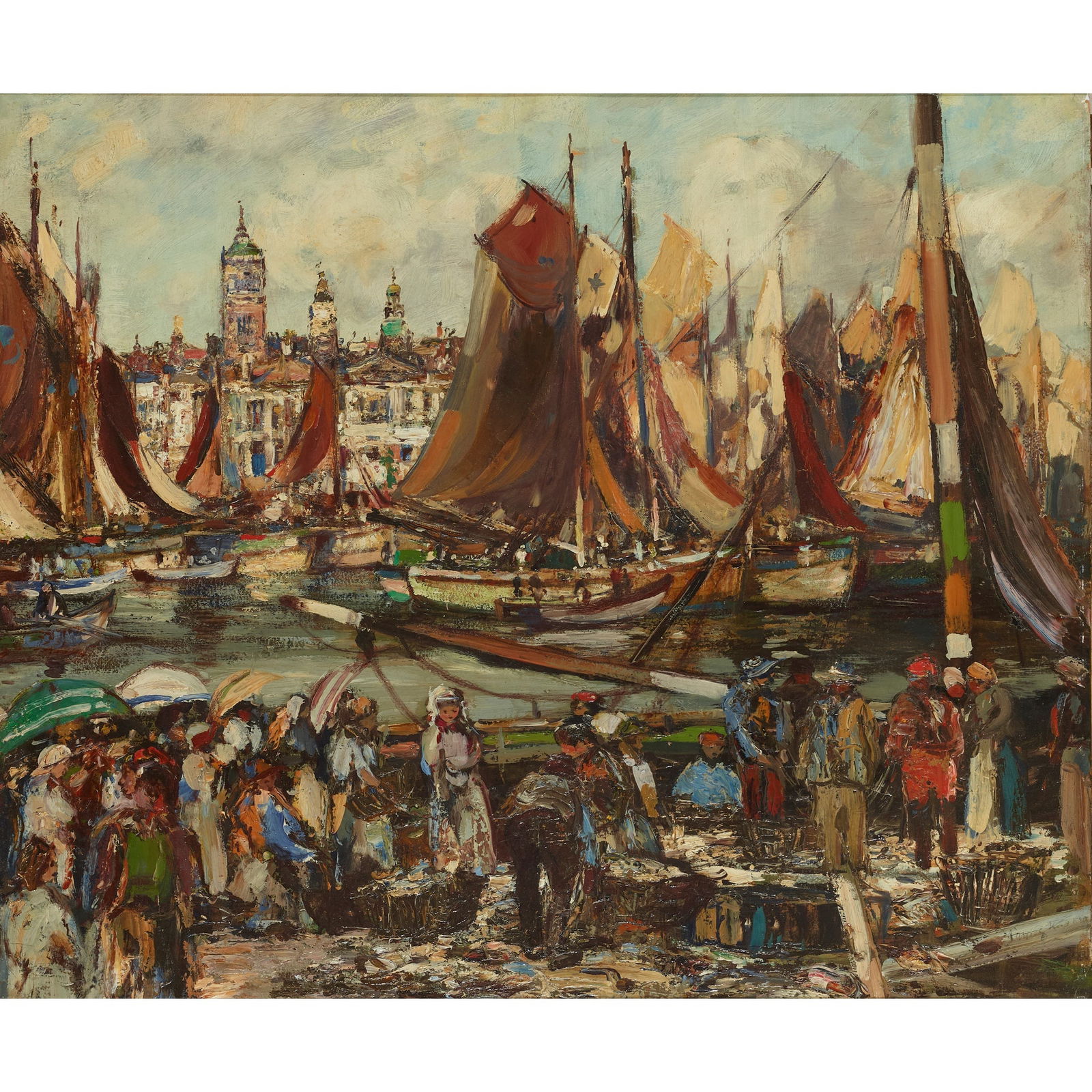 JAMES KAY R.S.A., R.S.W. (SCOTTISH 1858-1942): JAMES KAY R.S.A., R.S.W. (SCOTTISH 1858-1942) UNLOADING THE CATCH Signed, oil on board 51cm x 61cm (20in x 24in)