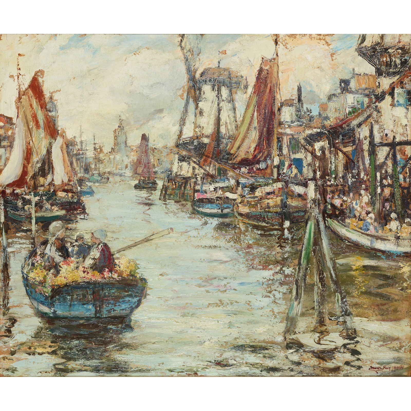 JAMES KAY R.S.A., R.S.W. (SCOTTISH 1858-1942): JAMES KAY R.S.A., R.S.W. (SCOTTISH 1858-1942) A BUSY DUTCH HARBOUR SCENE Signed, oil on board 51cm x 61cm (20in x 24in)
