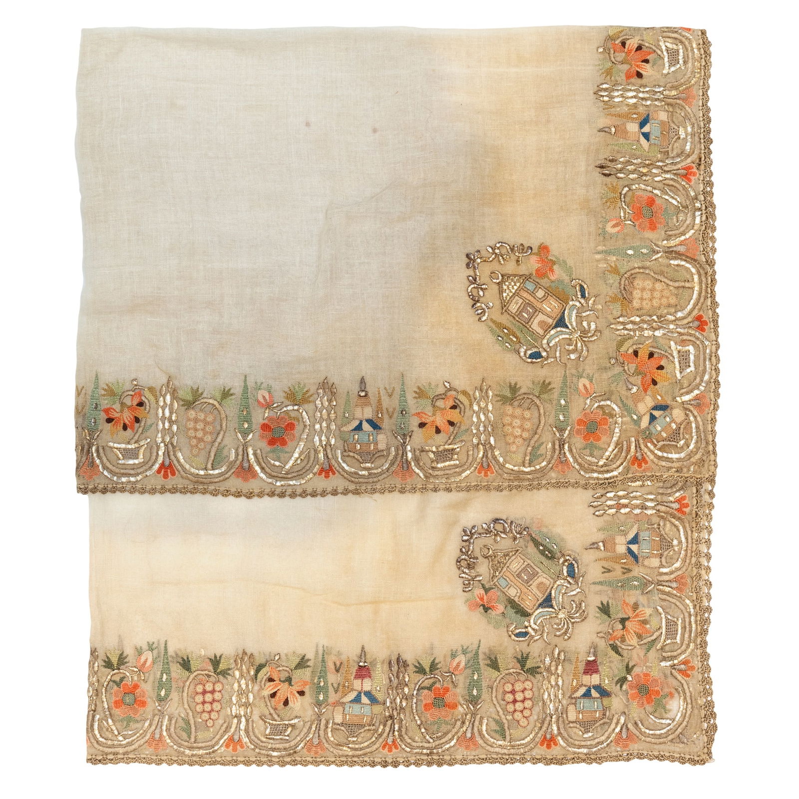 AN OTTOMAN SILK EMBROIDERED LADY'S LINEN HEADSCARF (CEVRE) (1 of 1)