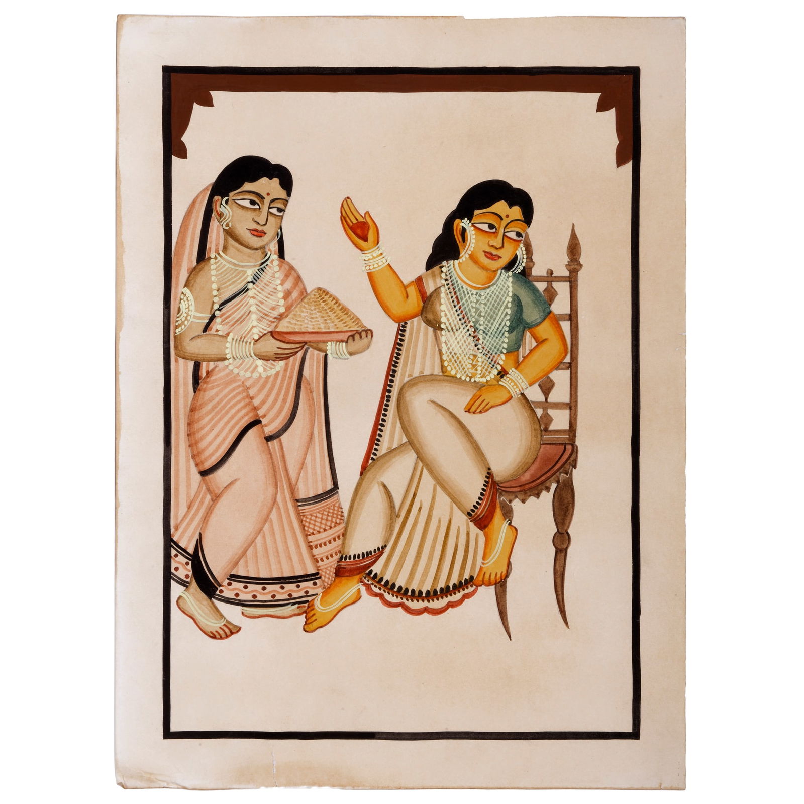 A KALIGHAT PAINTING OF A LADY BEING OFFERED SWEETS BY HER ATTENDANT: A KALIGHAT PAINTING OF A LADY BEING OFFERED SWEETS BY HER ATTENDANT INDIA, BENGAL SCHOOL, CIRCA 1910 gouache on paper, depicting a lady seated on a chair with her servant offering her sweets 38cm x 28