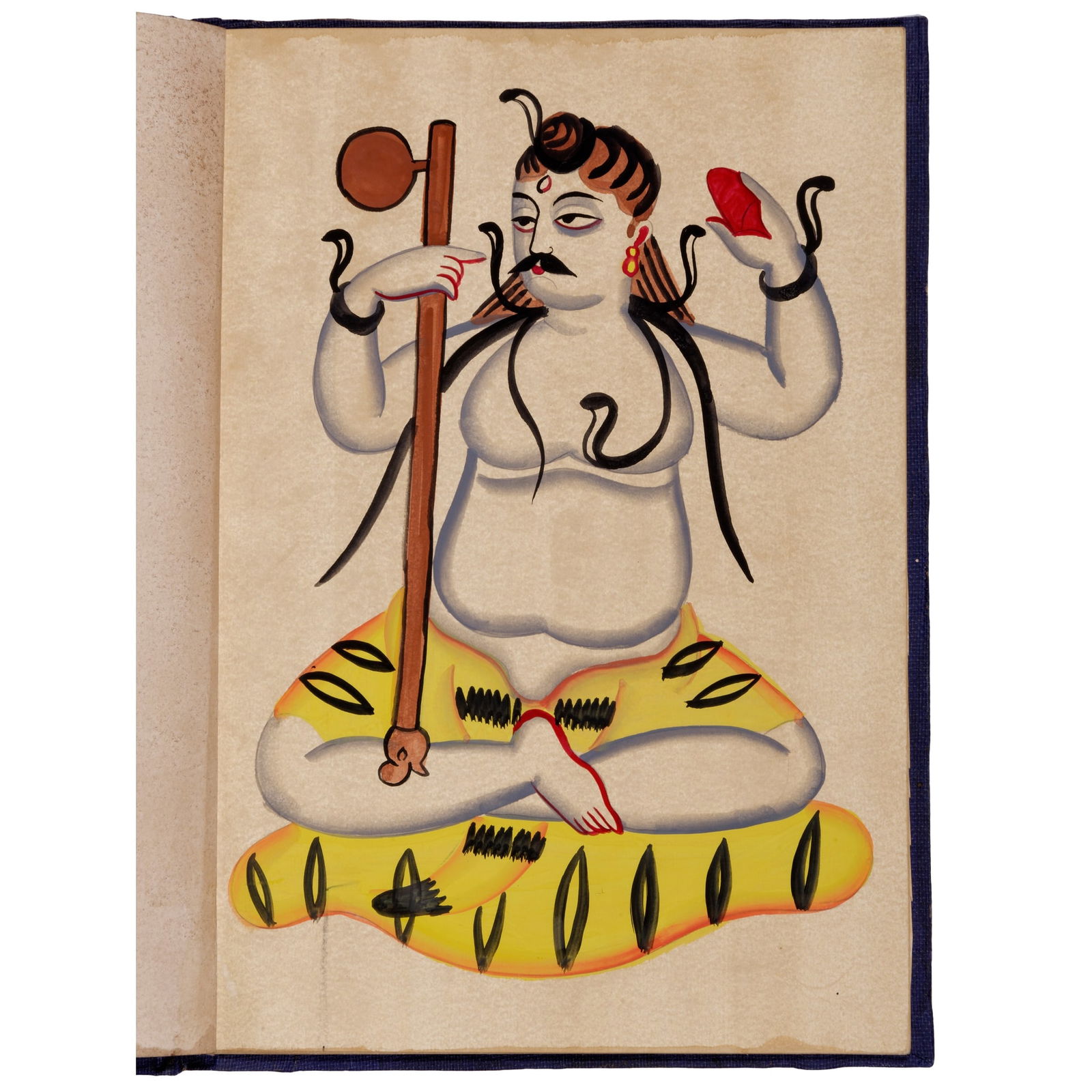 ALBUM OF TWELVE KALIGHAT PAINTINGS: ALBUM OF TWELVE KALIGHAT PAINTINGS INDIA, BENGAL SCHOOL, 1860-1920 bound album with twelve Kalighat paintings, gouache on paper, each inscribed in red ink on the back, as follows: Shiva playing the Ek