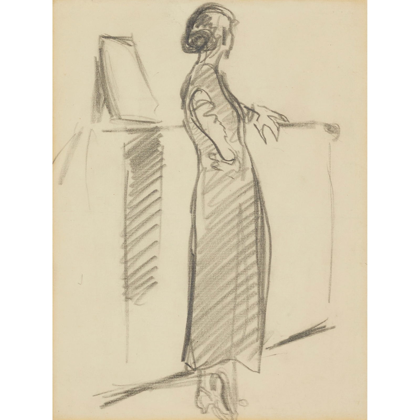 § WILLIAM NICHOLSON (BRITISH 1872–1949): WILLIAM NICHOLSON (BRITISH 1872–1949) STUDY OF EDIE NICHOLSON AT A MANTLEPIECE pencil on paper 22.5cm x 17cm (8 7/8in x 6 ¾in) Sotheby's, London, 12 October 1988, lot 153, where acquired by