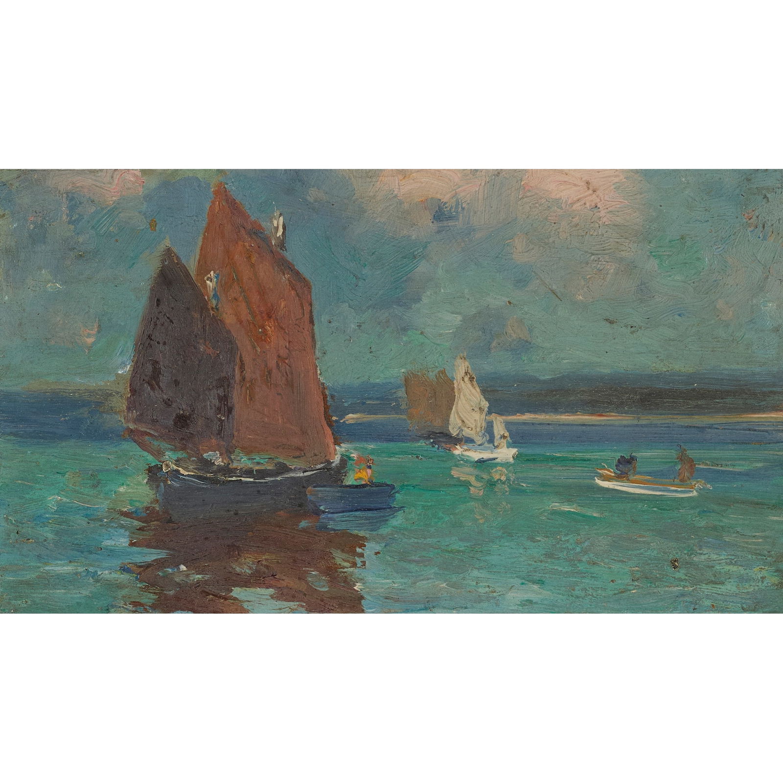 § JOHN ANTHONY PARK (BRITISH 1880–1962): JOHN ANTHONY PARK (BRITISH 1880–1962) THE FISHING BOAT oil on panel, with ‘Two Figures on the Shore’ verso 13cm x 22cm (5in x 8 5/8in) Gift of the Artist to Frank Knight;Phillips, Lo