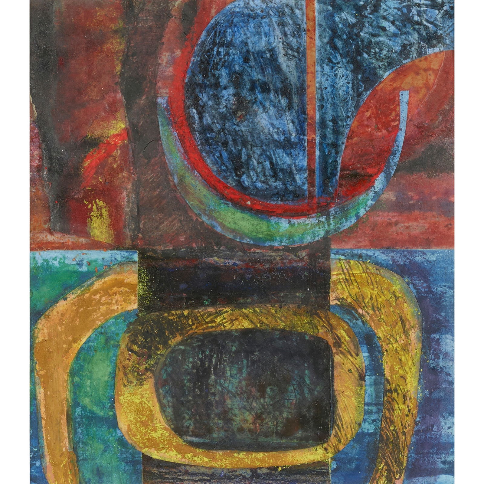 § JOHN PIPER (BRITISH 1903-1992): JOHN PIPER (BRITISH 1903-1992) STUDY FOR WATSON HOUSE MURALS ink, crayon, oil, watercolour and gouache with wax resist on paper with collage elements 19.5cm x 17cm (7 5/8in x 6 ¾in) The fol