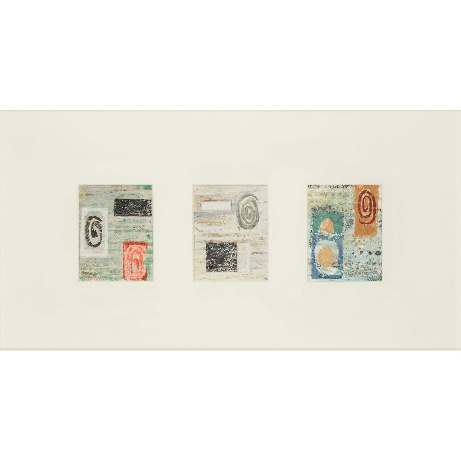 § JOHN PIPER (BRITISH 1903-1992): JOHN PIPER (BRITISH 1903-1992) THREE STUDIES STUDY FOR WATSON HOUSE MURALS crayon, pencil, watercolour and gouache with wax resist on paper 11.8cm x 9cm (4 5/8in x 3 ½in) each The following lot