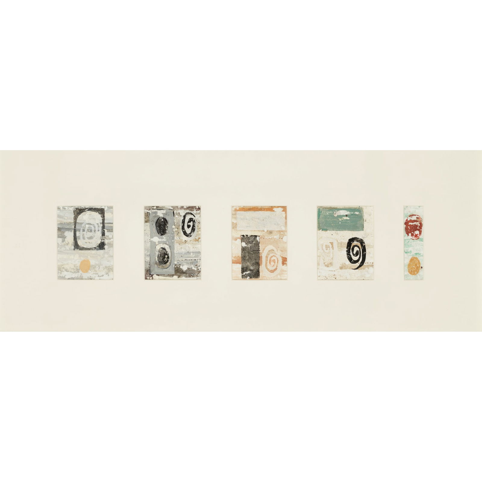 § JOHN PIPER (BRITISH 1903-1992): JOHN PIPER (BRITISH 1903-1992) FIVE STUDIES FOR WATSON HOUSE MURALS gouache with wax resist and oil on paper 12cm x 9cm (4 ¾in x 3 ½ in) (4); 12cm x 3cm (4 ¾in x 1 1/8in) (1) The