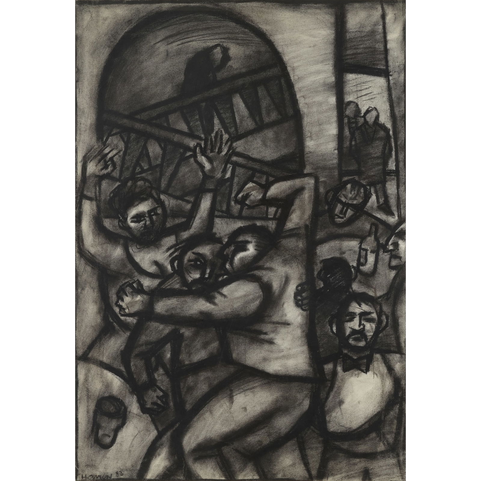 § PETER HOWSON O.B.E. (SCOTTISH B.1958): PETER HOWSON O.B.E. (SCOTTISH B.1958) THE FIGHT, 1983 Signed and dated '83 lower left, charcoal 80.5cm x 56cm (31.75in x 22in)