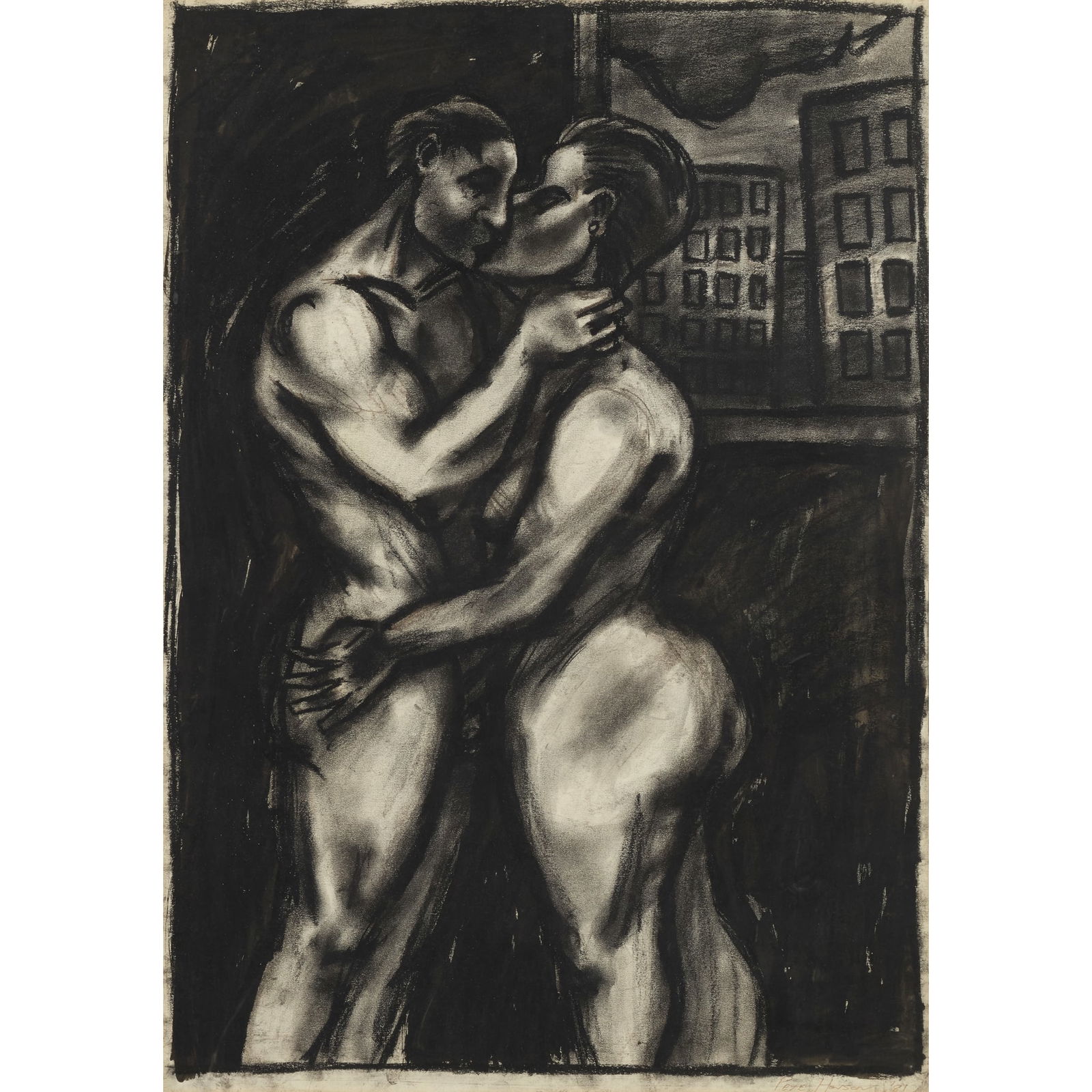 § PETER HOWSON O.B.E. (SCOTTISH B.1958): PETER HOWSON O.B.E. (SCOTTISH B.1958) THE LOVERS, 1987 Signed and dated '87 lower right, charcoal and watercolour 83cm x 57cm (32.5in x 22.5in) The Terry Brodie-Smith Collection Exhibited: The Open Ey