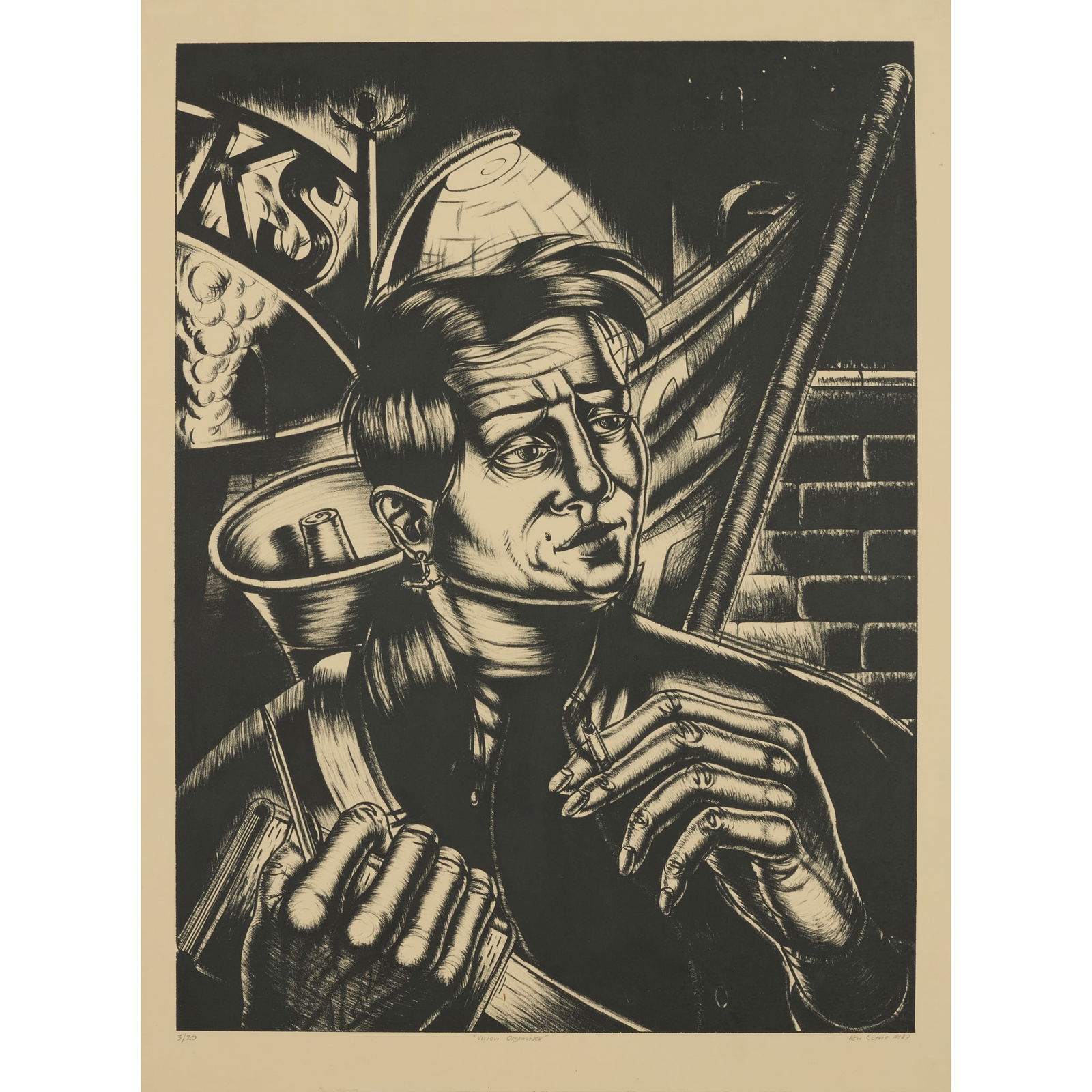 § KEN CURRIE (SCOTTISH B.1960): KEN CURRIE (SCOTTISH B.1960) UNION ORGANISER, 1987 Lithograph, 3/20, signed, dated, titled and numbered in pencil to margin the sheet 76cm x 56.5cm (30in x 22.25in)