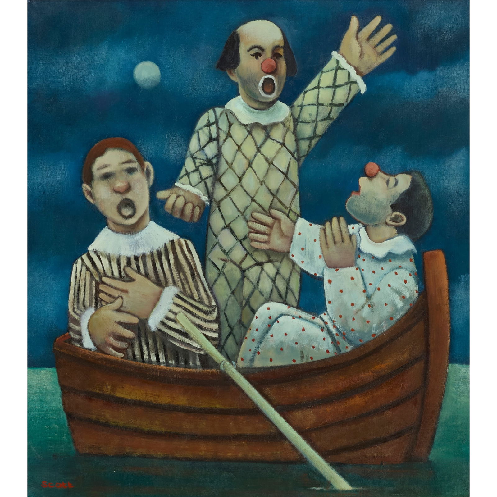 § MICHAEL SCOTT (SCOTTISH 1946-2006): MICHAEL SCOTT (SCOTTISH 1946-2006) CLOWNS AT SEA, 2011 Signed lower left, oil on canvas 64.5cm x 59cm (25.5in x 23.25in) Exhibited: Roger Bilcliffe Gallery, Glasgow