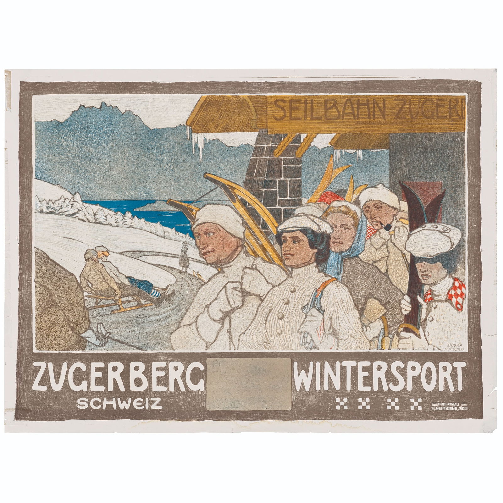 BURKHARD MANGOLD (1873-1950): BURKHARD MANGOLD (1873-1950) ZUGERBERG WINTERSPORT lithographic poster, 1907, condition B+/A-; not backed 32 x 43 in. (81 x 109 cm.) Provenance: Lot 281, The Ski Sale, Christie’s Lon