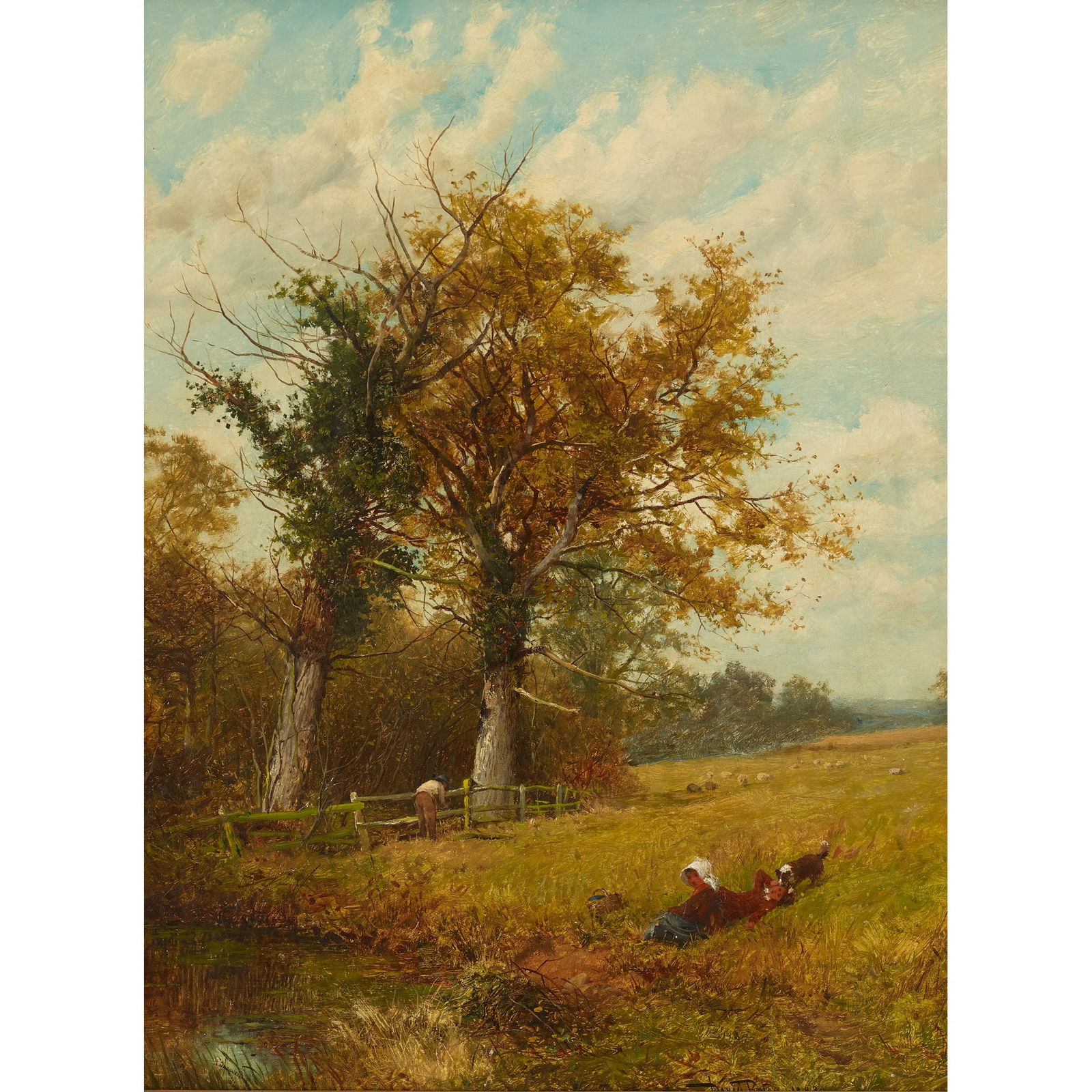 DAVID BATES (BRITISH 1840-1921): DAVID BATES (BRITISH 1840-1921) MENDING THE FENCE, 1883 Signed and dated lower right, oil on canvas 43cm x 33cm (17in x 13in)