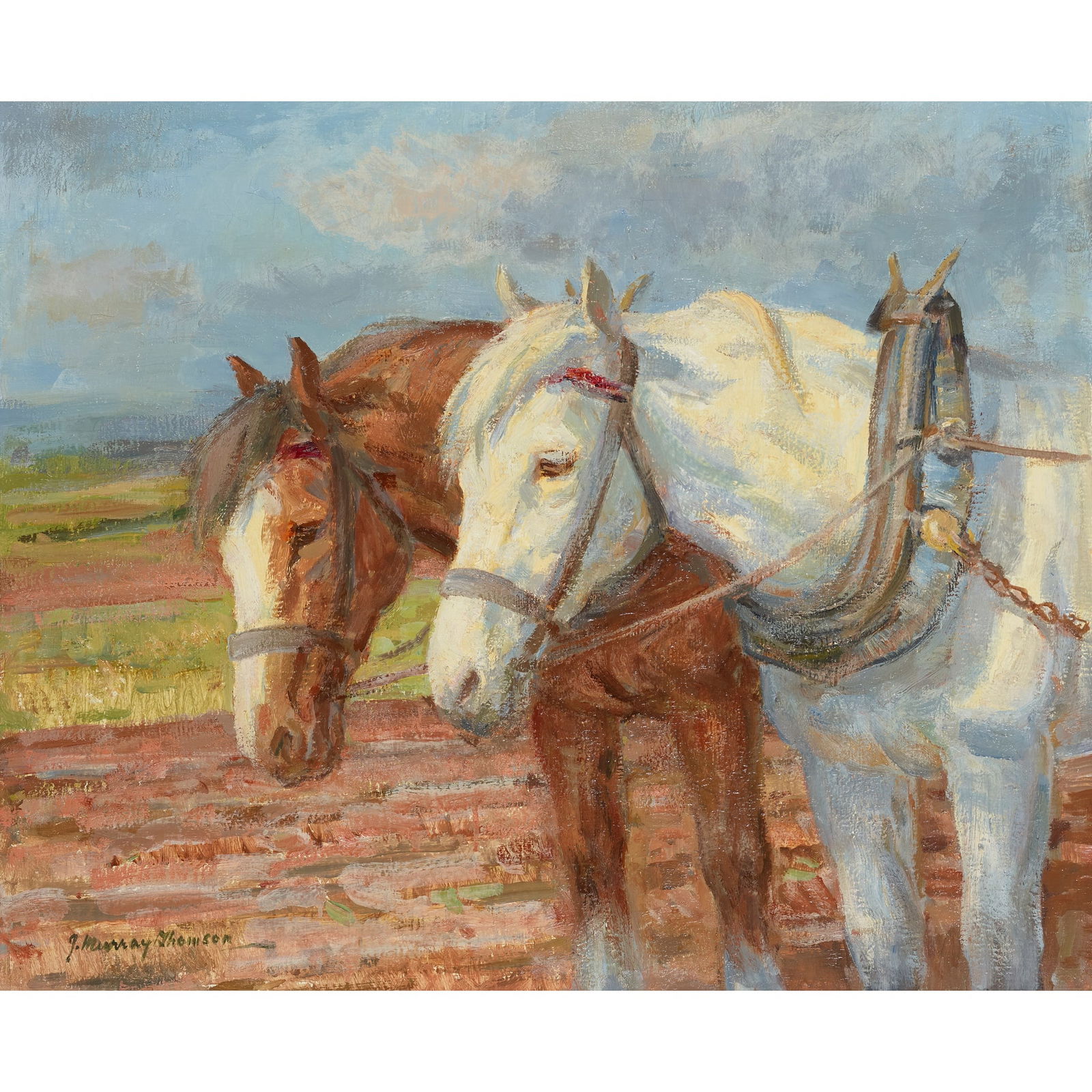 § JOHN MURRAY THOMSON R.S.A., R.S.W., P.S.S.A. (SCOTTISH 1885-1974): JOHN MURRAY THOMSON R.S.A., R.S.W., P.S.S.A. (SCOTTISH 1885-1974) WORKING PARTNERS Signed lower left, oil on canvas 63.5cm x 76cm (25in x 30in) Exhibited: Royal Scottish Academy, Edinburgh, 1964, no.2