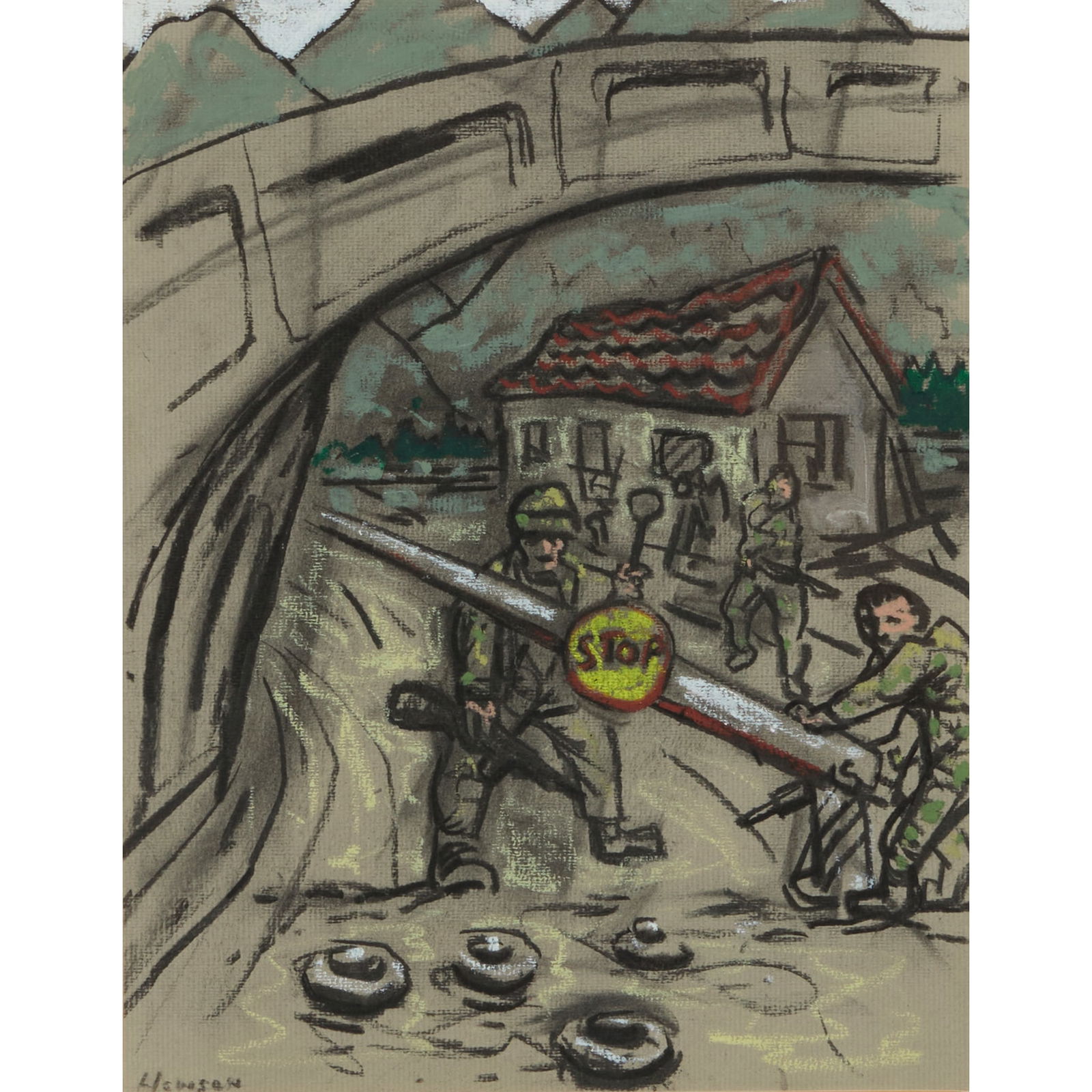 § PETER HOWSON O.B.E. (SCOTTISH 1958-): PETER HOWSON O.B.E. (SCOTTISH 1958-) CHECK POINT Signed lower left, pastel on buff paper 28cm x 22cm (11in x 8.75in)