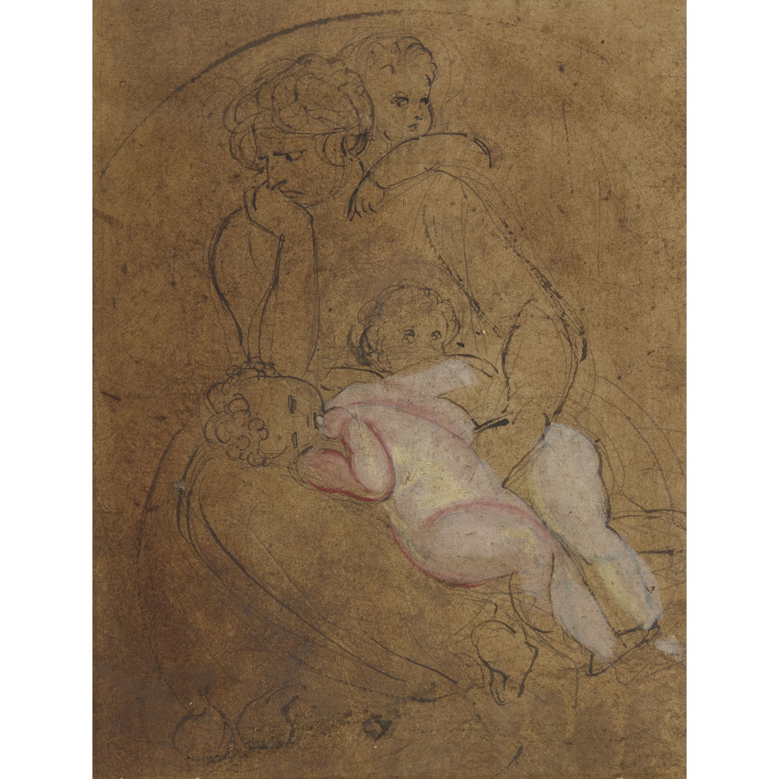 FOLLOWER OF HENRY FUSELI: FOLLOWER OF HENRY FUSELI MOTHER AND CHILD Pen and ink and watercolour on brown paper 24.5cm x 19cm (9.75in x 7.5in)