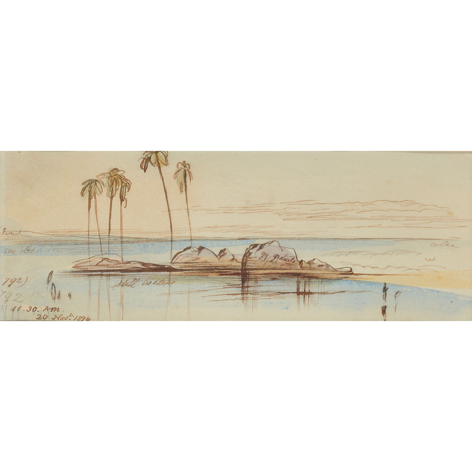EDWARD LEAR (BRITISH 1812-1888): EDWARD LEAR (BRITISH 1812-1888) CEYLON, SRI LANKA Numbered and dated ‘(792) 11.30 A.M. 20 Nov 1874’ and further inscribed with notes throughout, pen and ink and watercolour 9.25cm x 25.75c