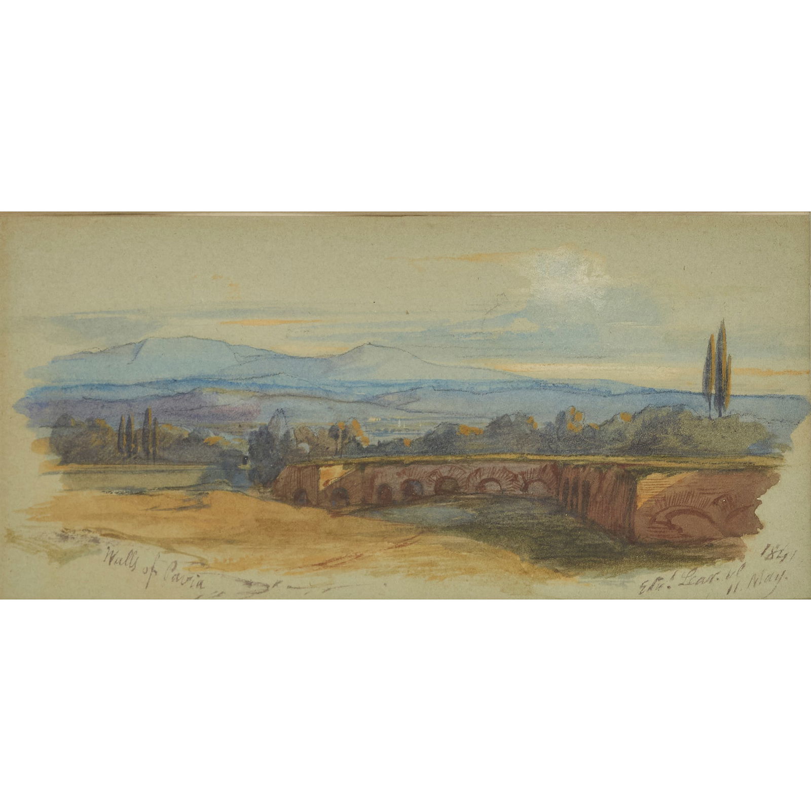 EDWARD LEAR (BRITISH 1812-1888): EDWARD LEAR (BRITISH 1812-1888) WALLS OF PAVIA Signed and dated ‘Edw. Lear 11 May 1841’ and inscribed ‘Walls of Pavia’, watercolour 6.5cm x 13.5cm (2.75in x 5.25in) Child's Gal