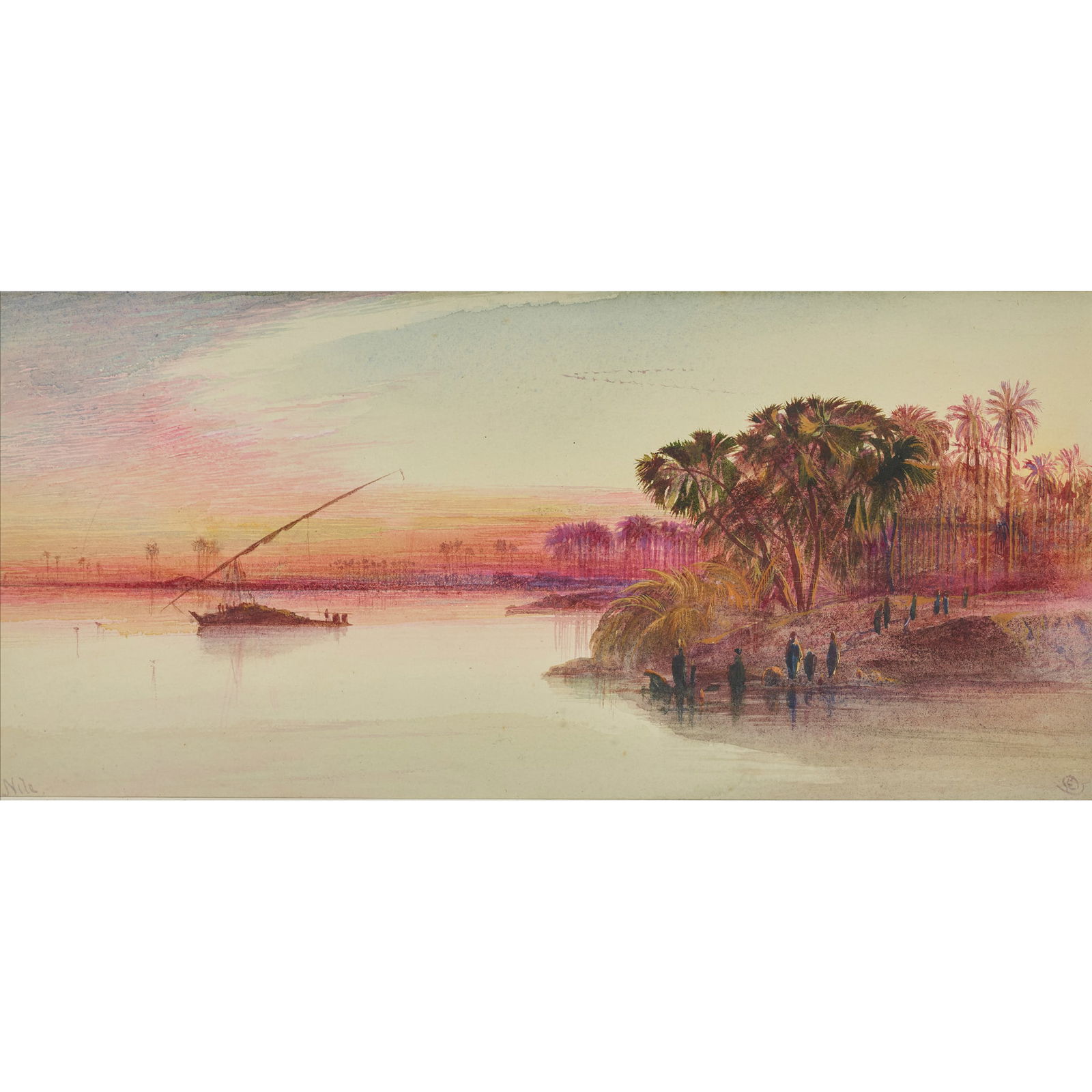 EDWARD LEAR (BRITISH 1812-1888): EDWARD LEAR (BRITISH 1812-1888) SUNSET ON THE NILE Signed with monogram and inscribed ‘Nile’, watercolour 17cm x 36.5cm (6.75in x 13.5in) Agnew's, London, no.48070 At the end of his journe
